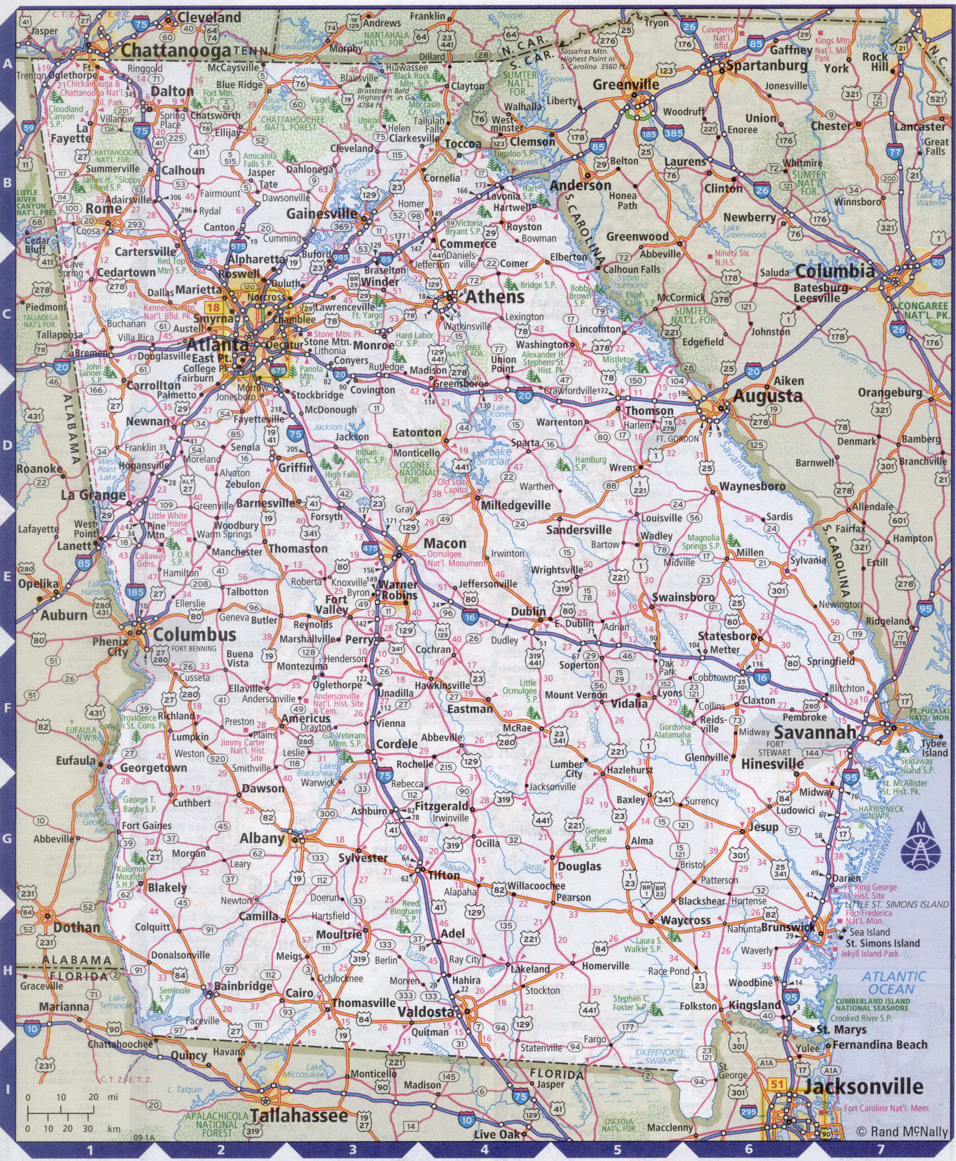Map of Georgia (U.S. state) with highways,roads,cities,counties