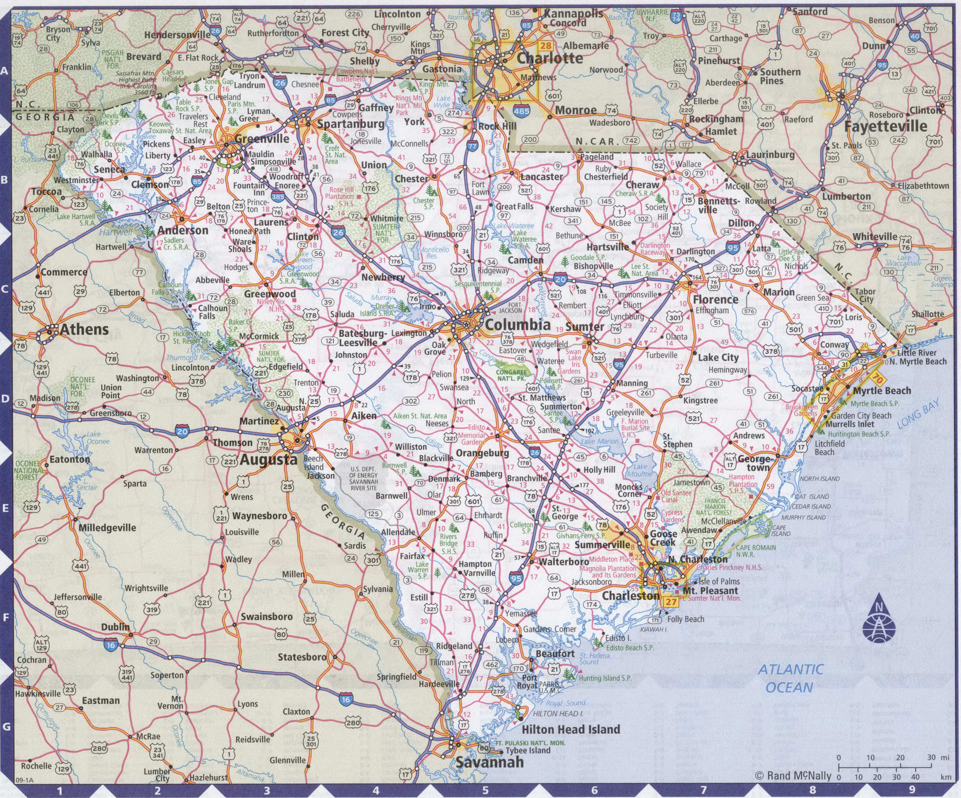 Map of South Carolina state with highway,road,cities,counties. South