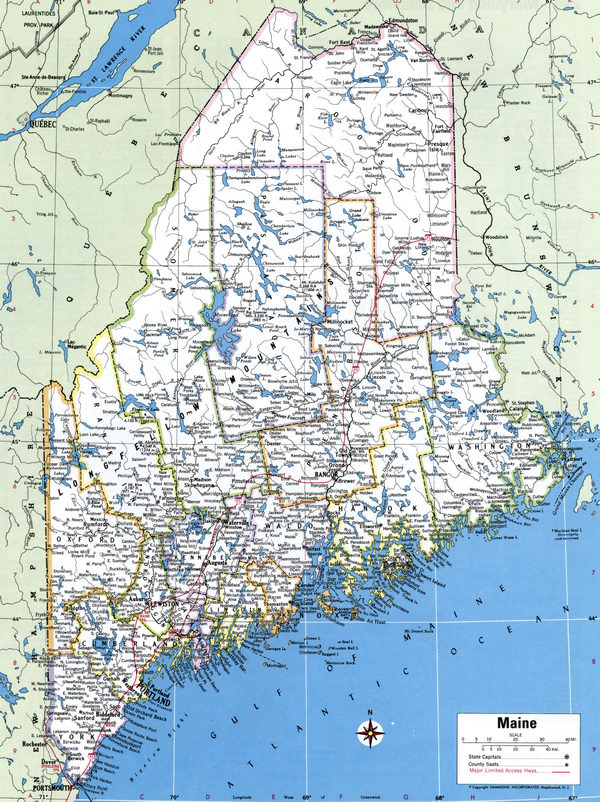 Map of Maine state with highways, roads, cities, counties. Image map of