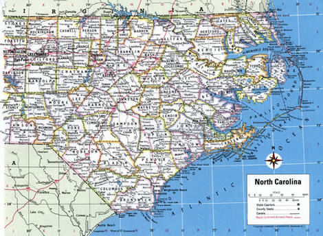 Map of North Carolina state with highway,road,cities,counties. North