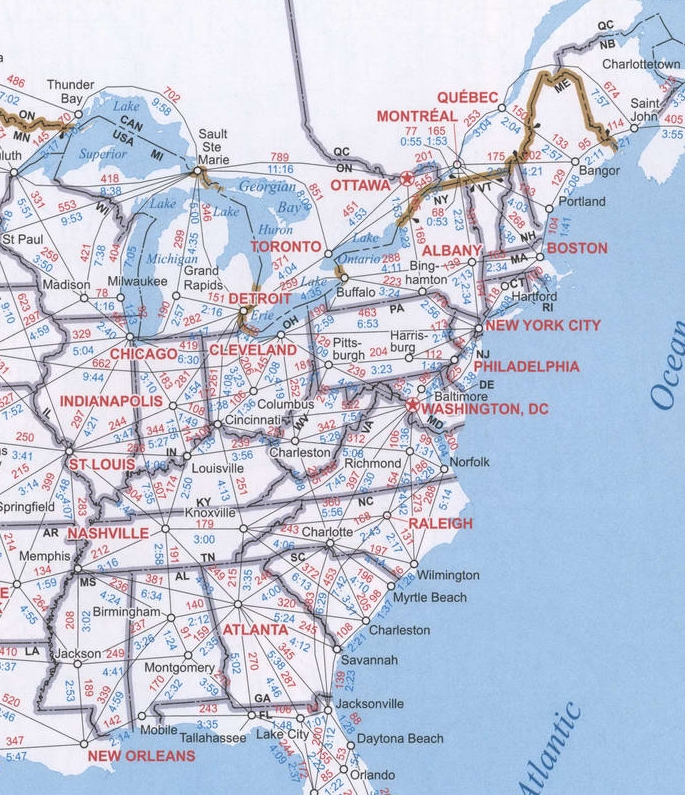 distance chart of eastern USA