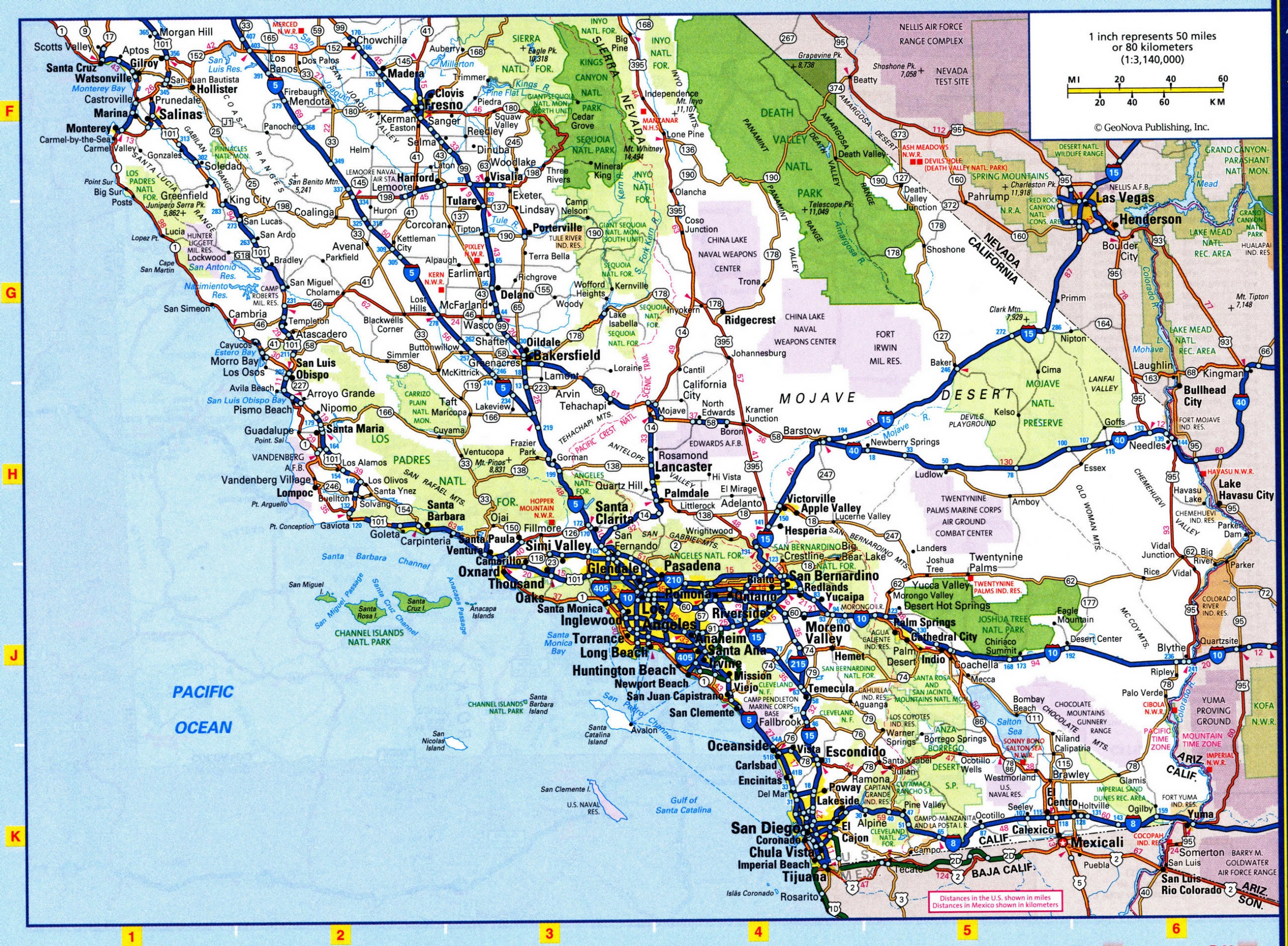 California Southern Map With Cities And Towns Rivers And Lakes