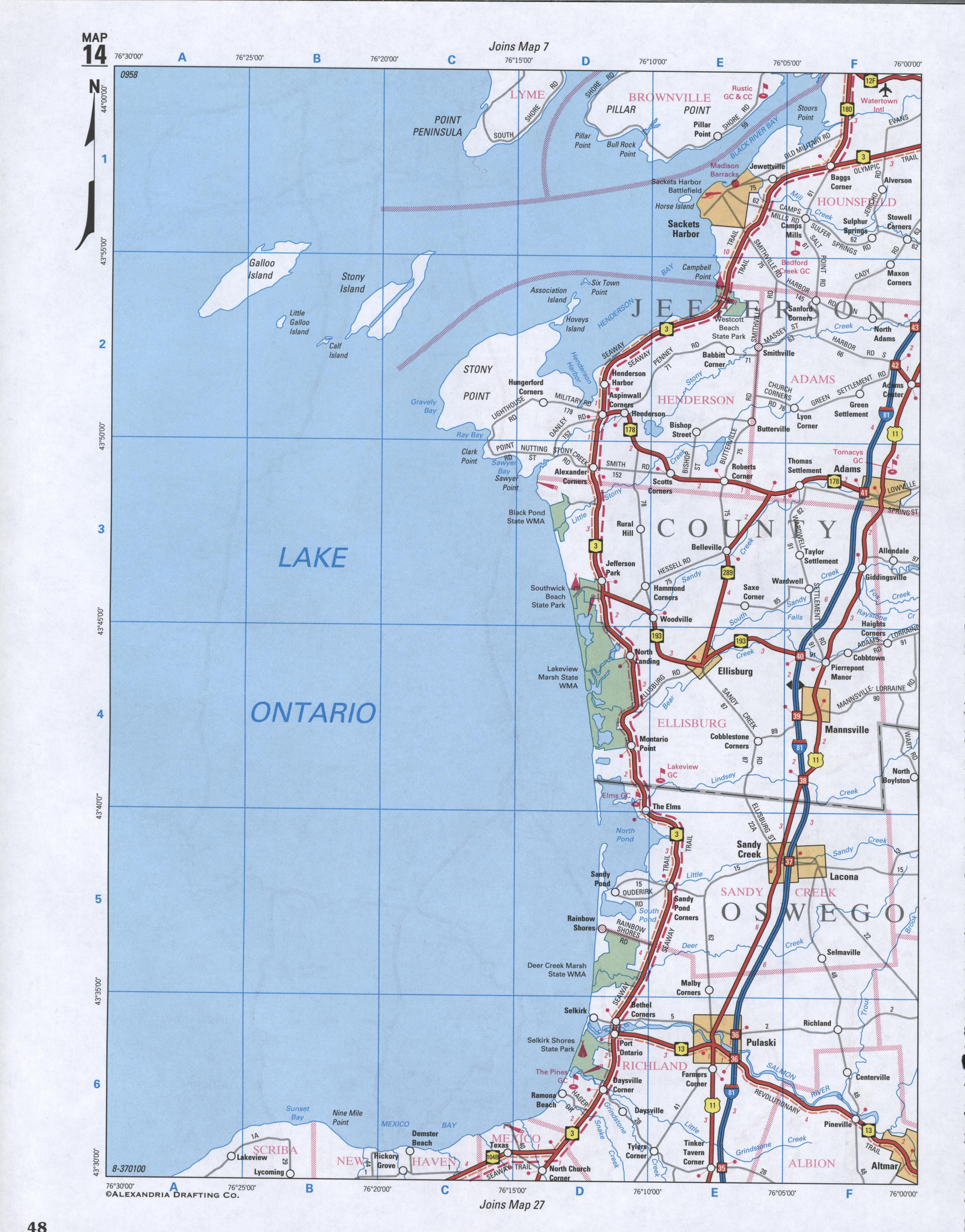 Map of Jefferson County. Large map of county Jefferson with cities and villages