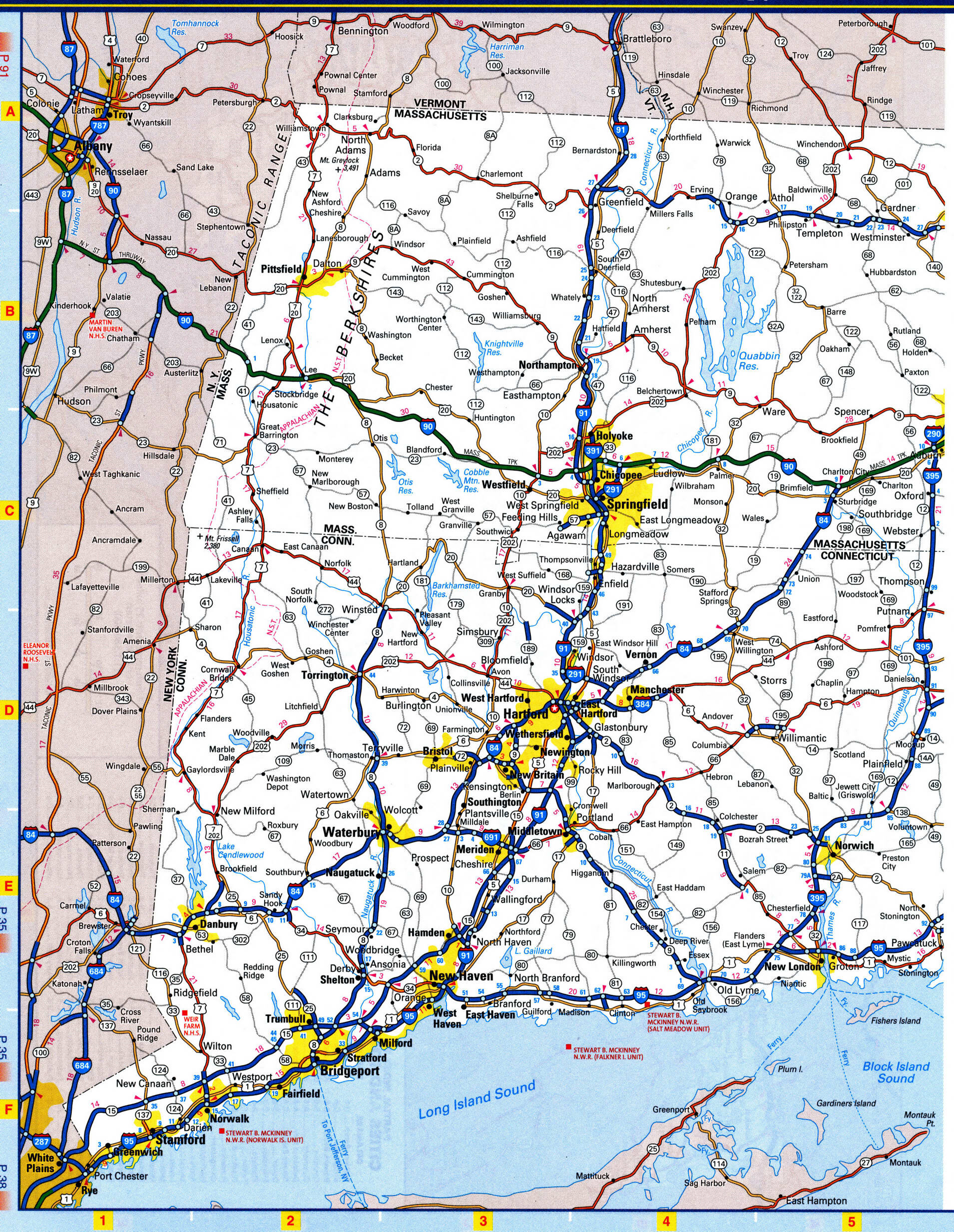 Detailed road map of the state of western Massachusetts. Western Massachusetts map with national and states parks
