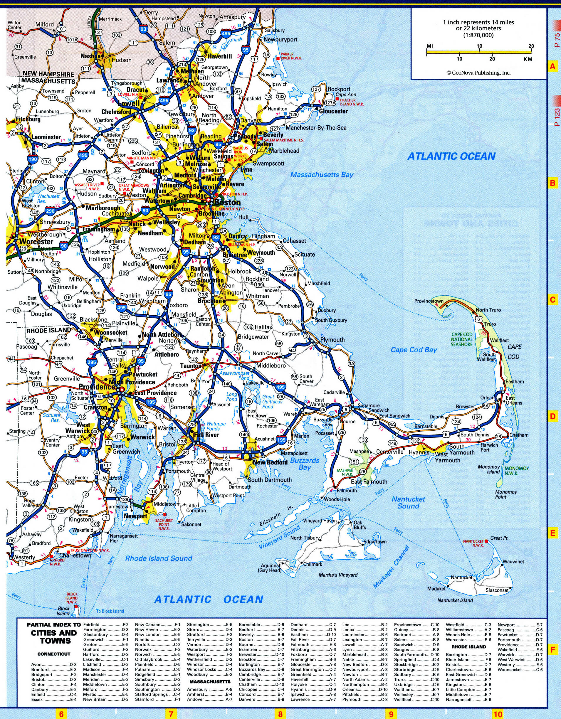 Detailed road map of the state of eastern Massachusetts. Eastern Massachusetts map with national and states parks