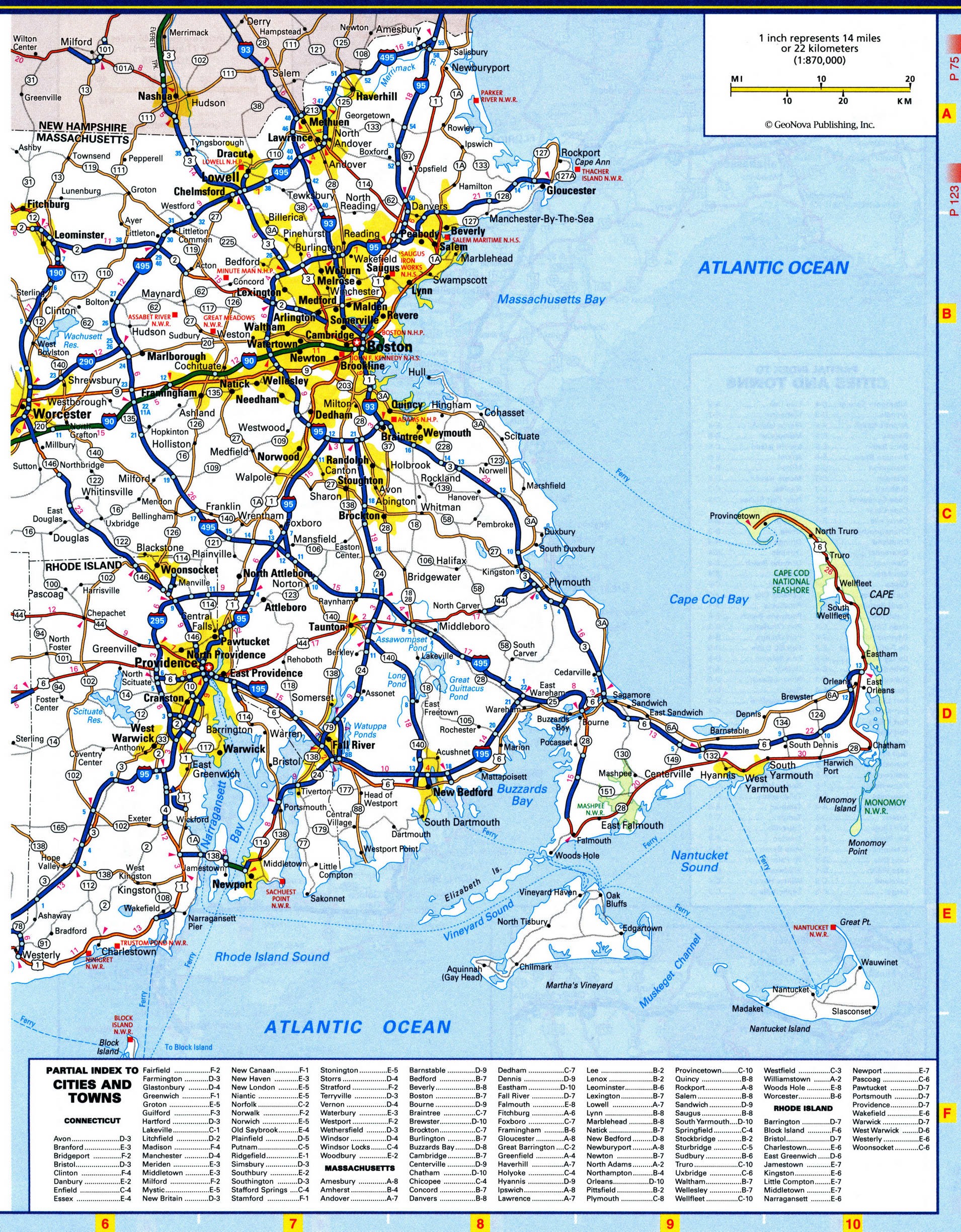 Massachusetts state map with national and states parks
