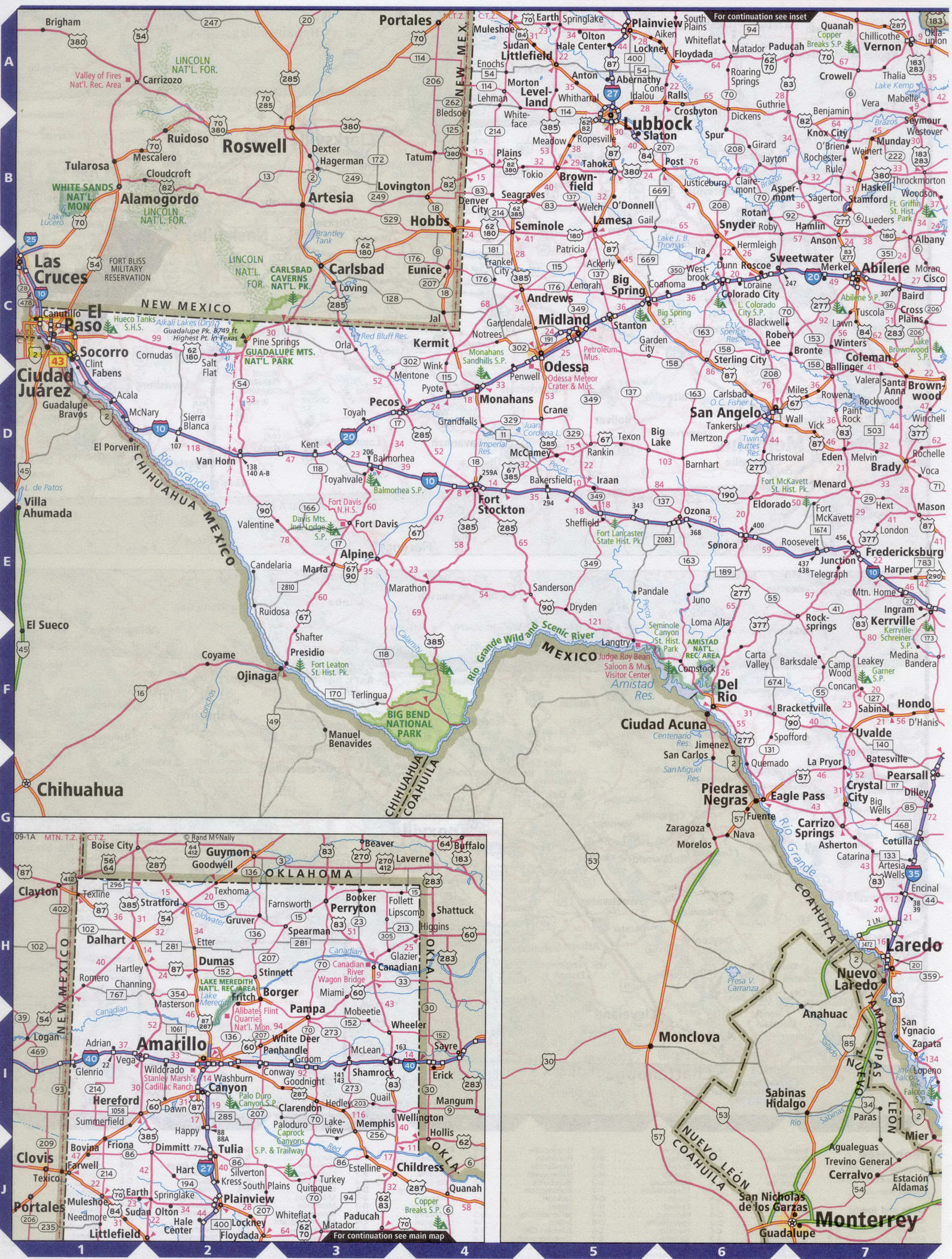 Roads map of Texas state - western Texas