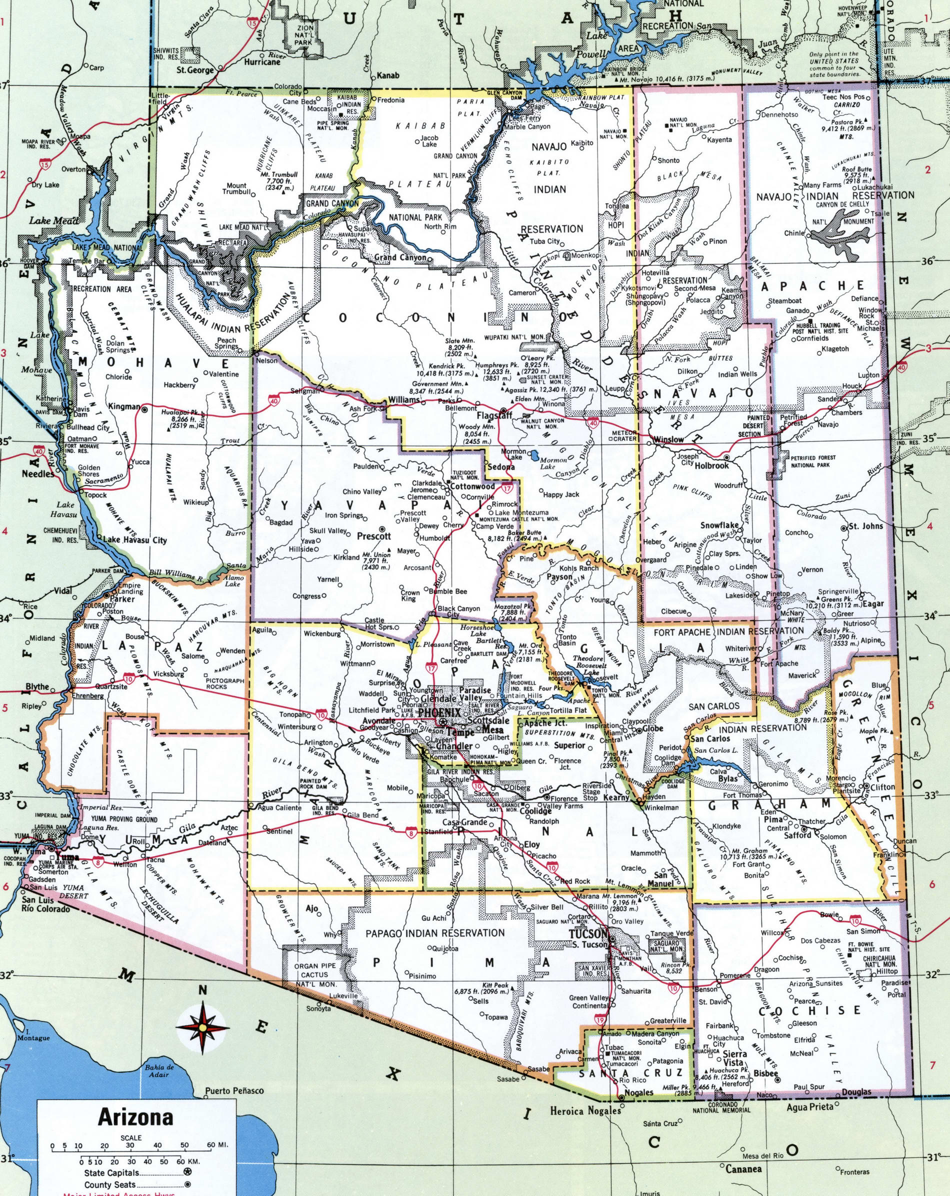 Map of Arizona counties. A detailed map of Arizona with county borders, cities, and towns.