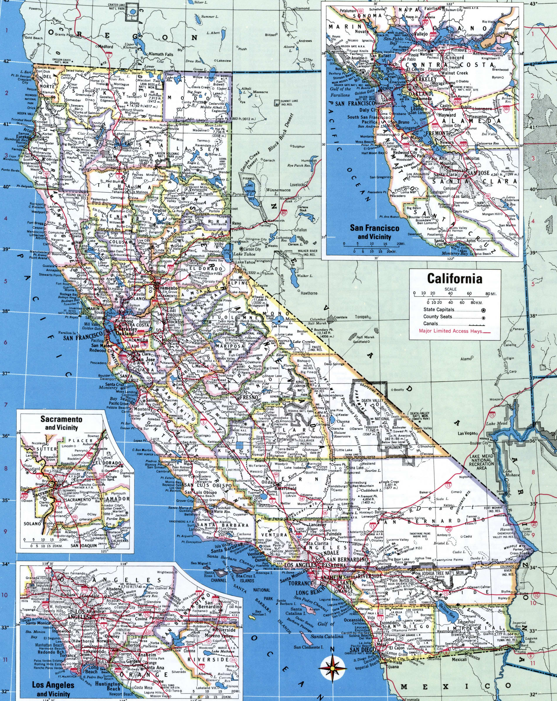 Map of California showing county with cities and road highways