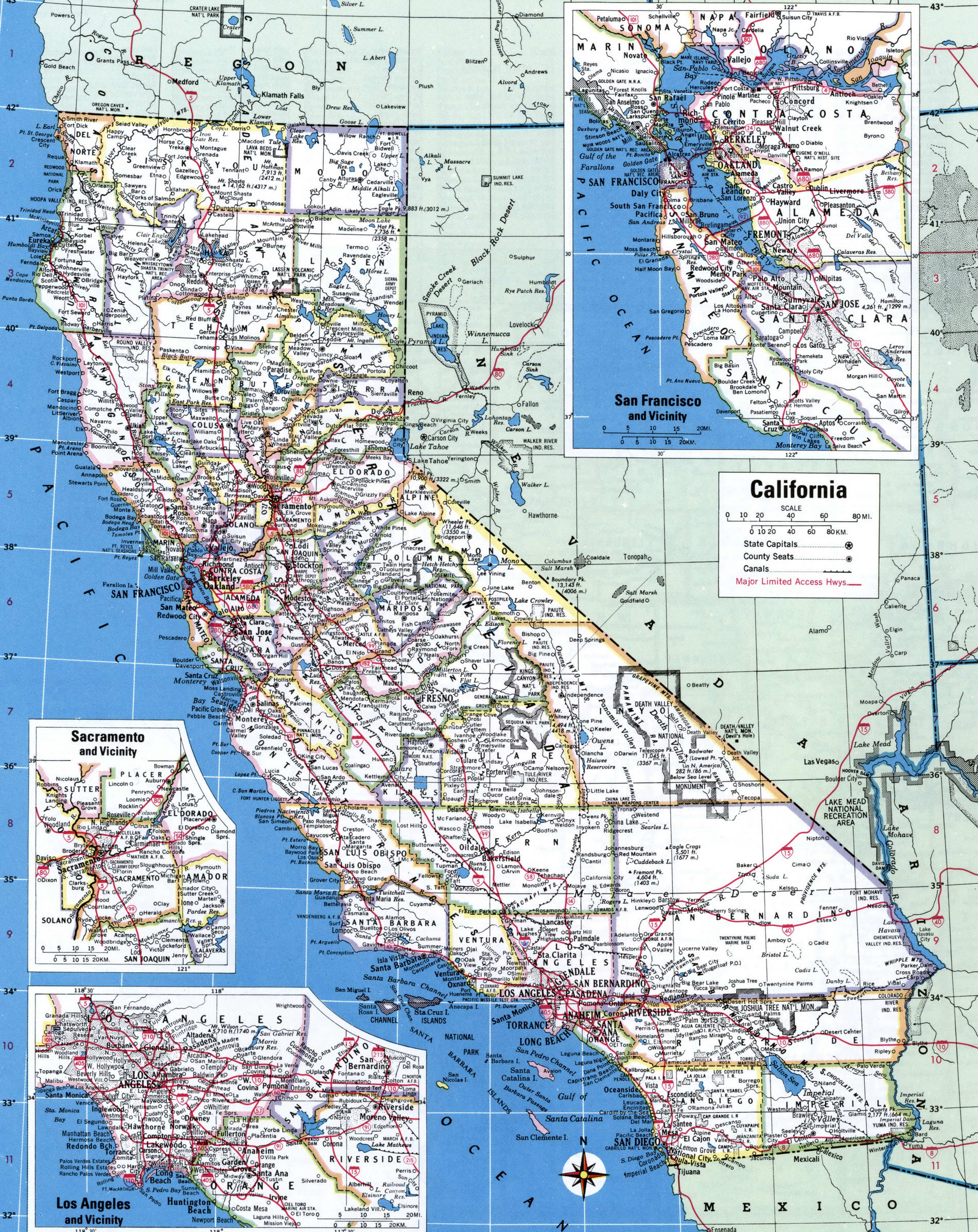 Map of California counties. A detailed map of California with county borders, cities, and towns.