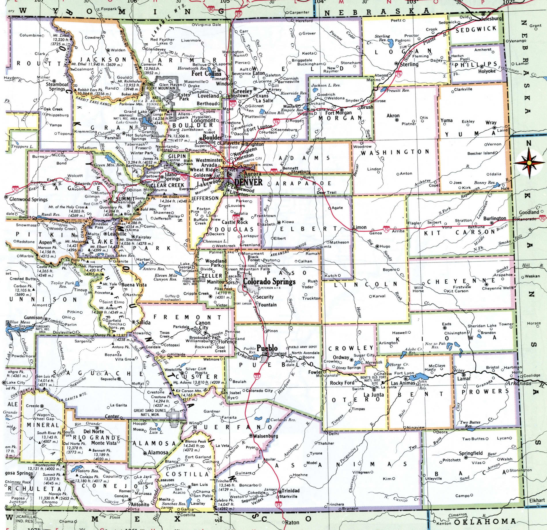 Map of Colorado counties. A detailed map of Colorado with county borders, cities, and towns.