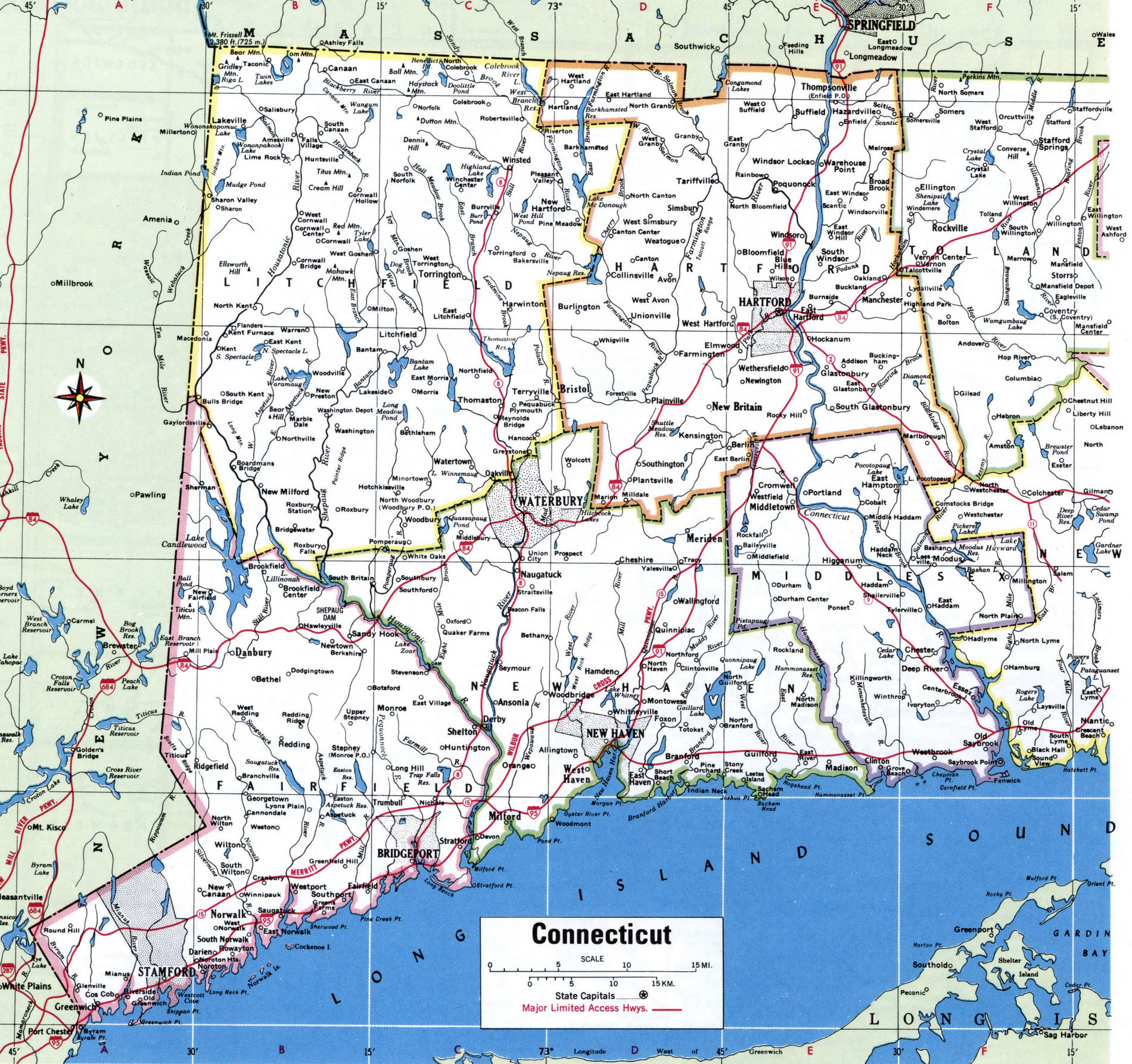 Map of Connecticut counties. A detailed map of Connecticut with county borders, cities, and towns.