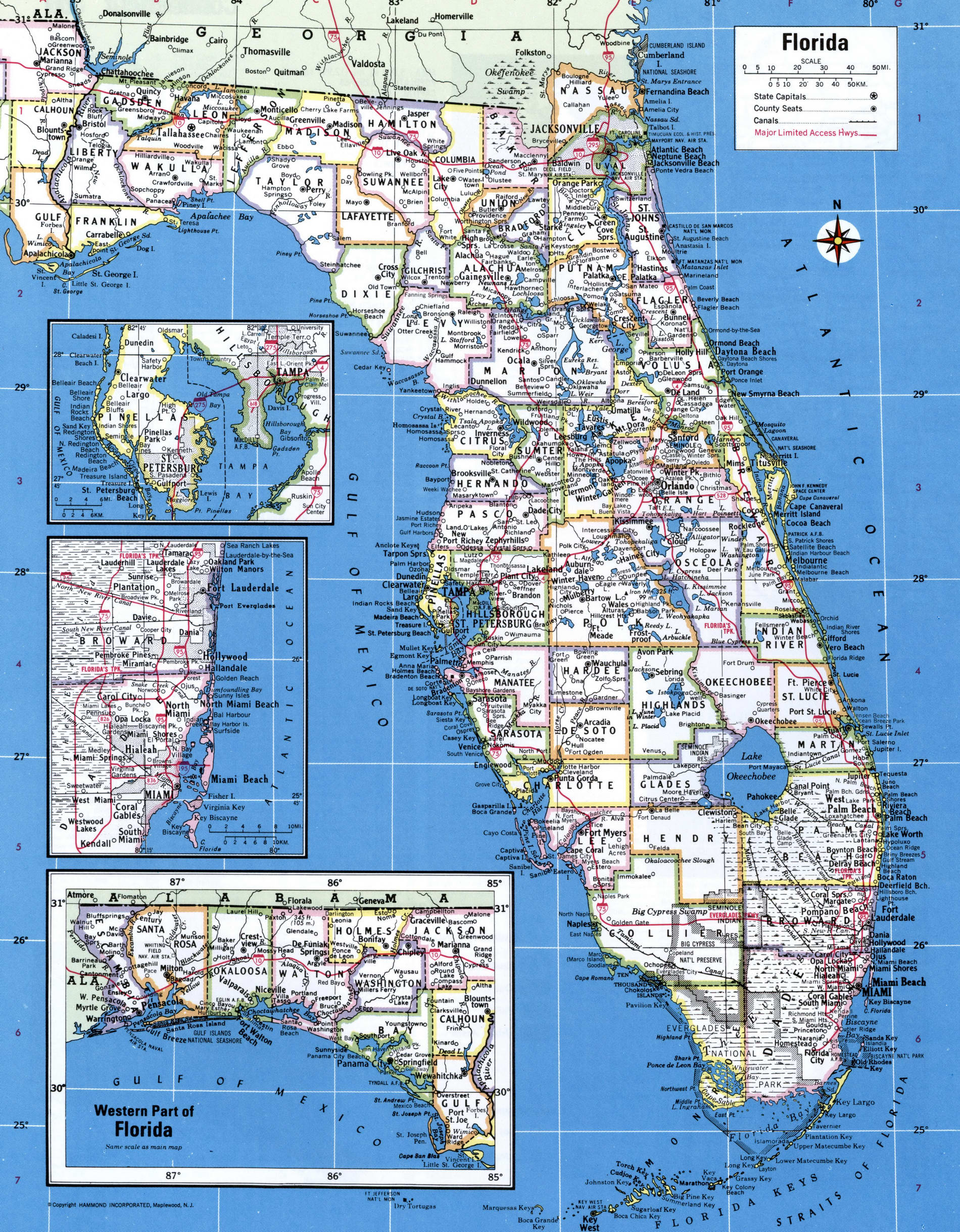Map of Florida showing county with cities,road highways,counties,towns