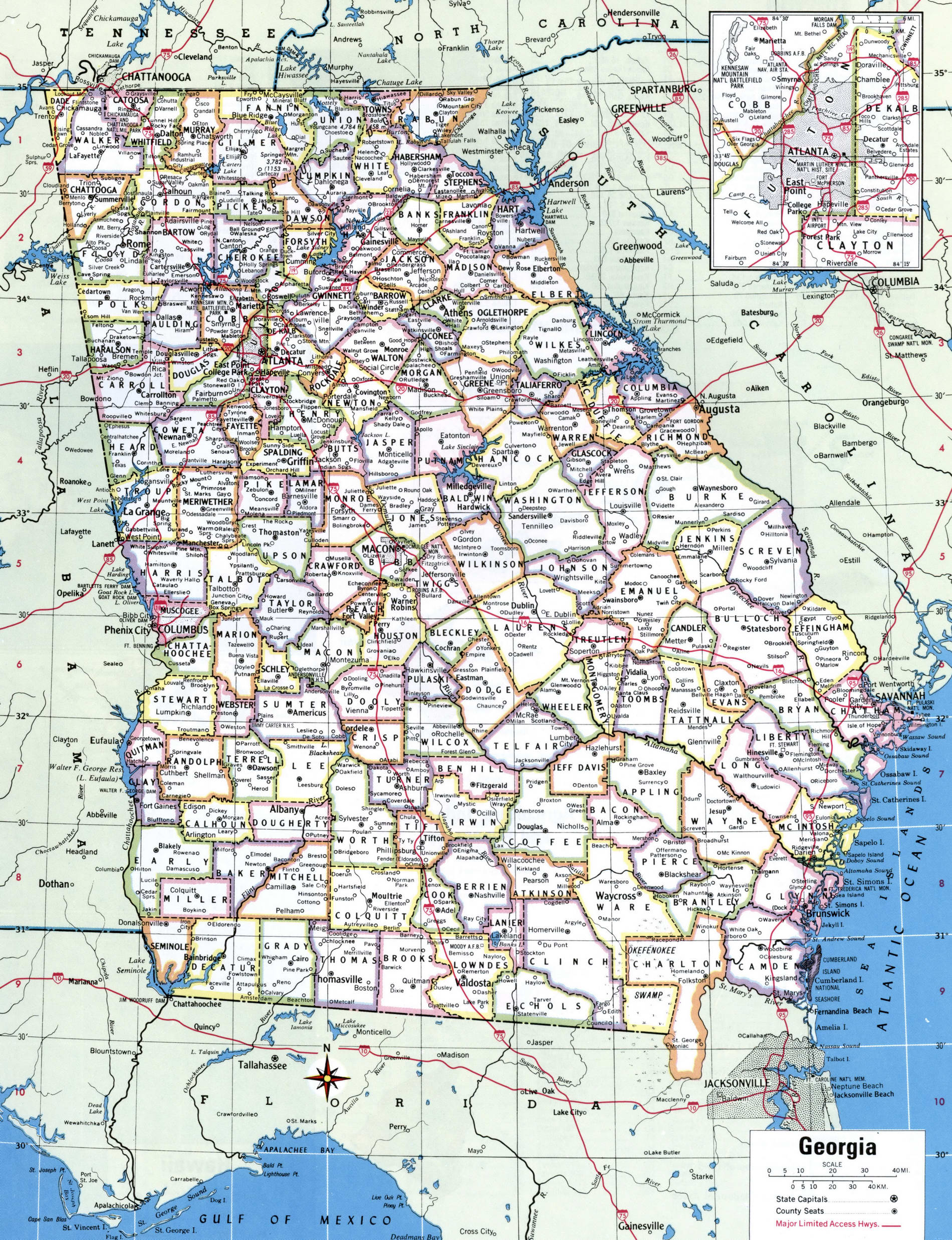 Map of Georgia counties. A detailed map of Georgia with county borders, cities, and towns.