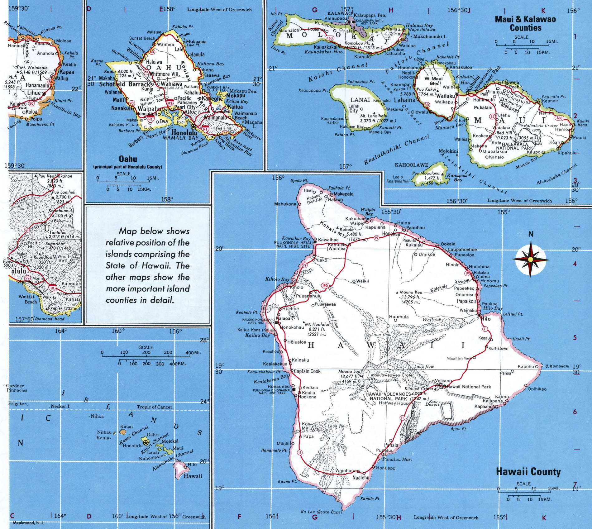 Map of Hawaii counties. A detailed map of Hawaii with county borders, cities, and towns.