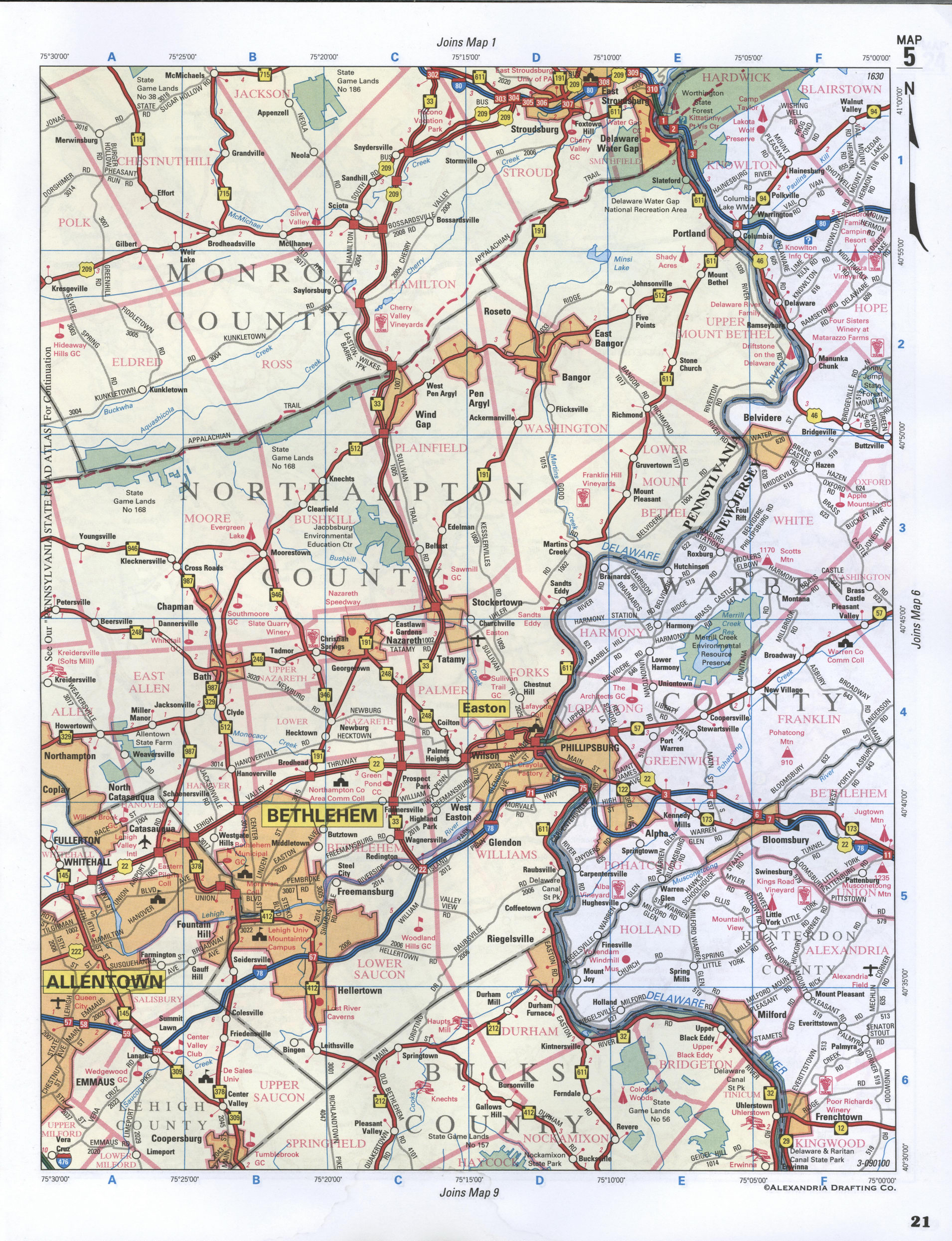 Map of Warren County, New Jersey state. Large map of county Warren with cities and villages