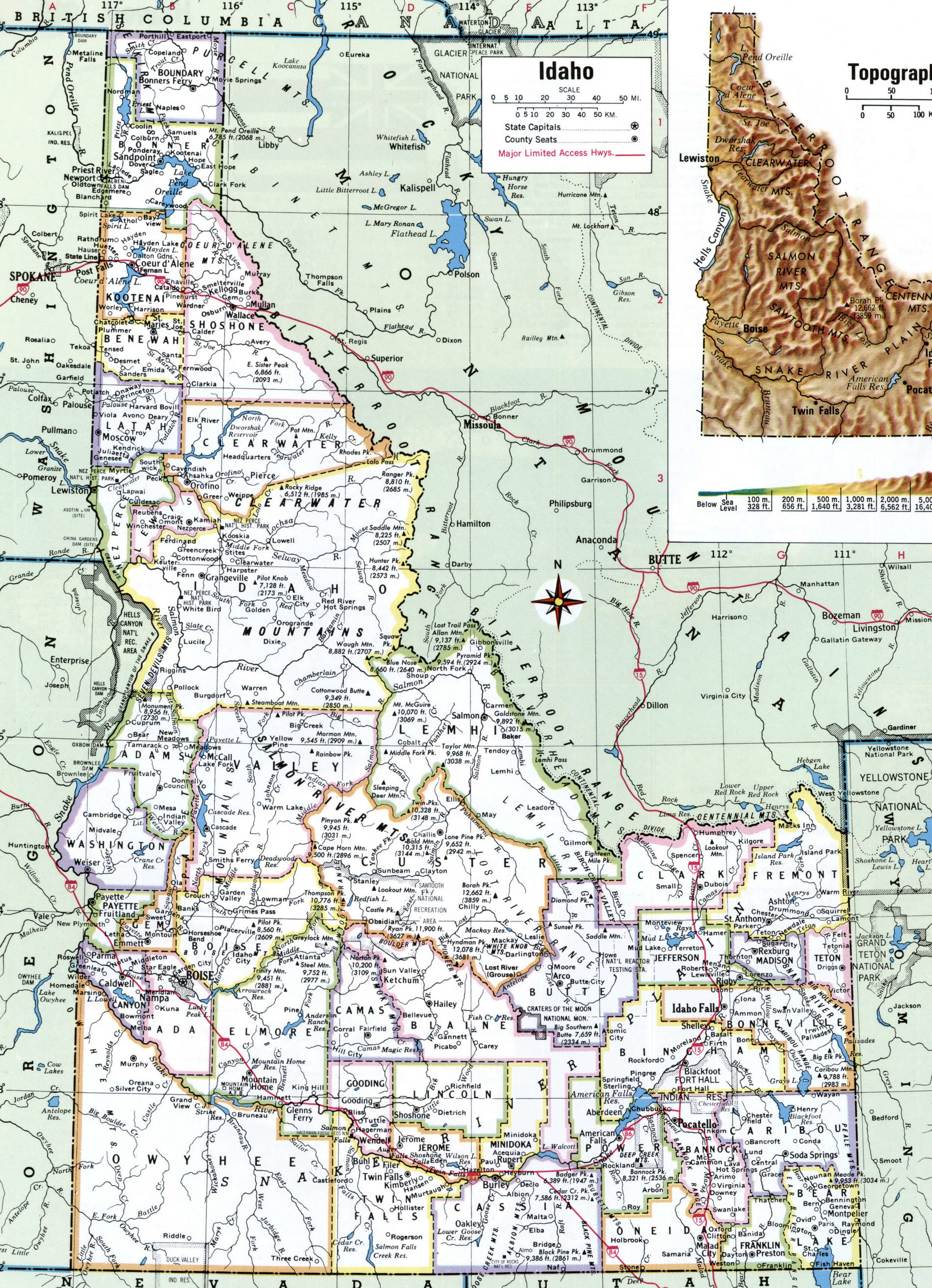Map of Idaho counties. A detailed map of Idaho with county borders, roads, cities, and towns.