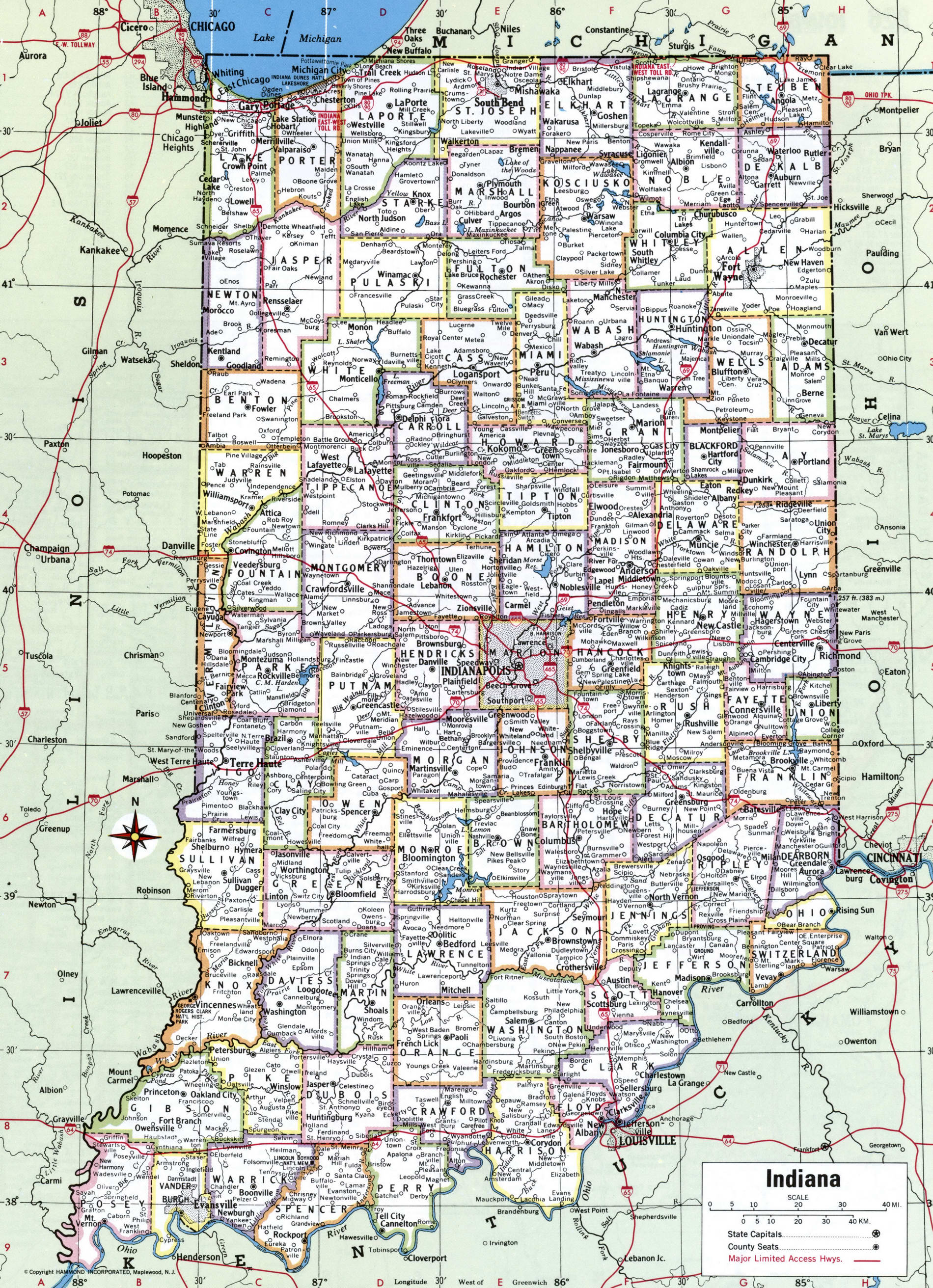 Map of Indiana Counties. Detailed map of Indiana with county boundaries, cities, and towns.