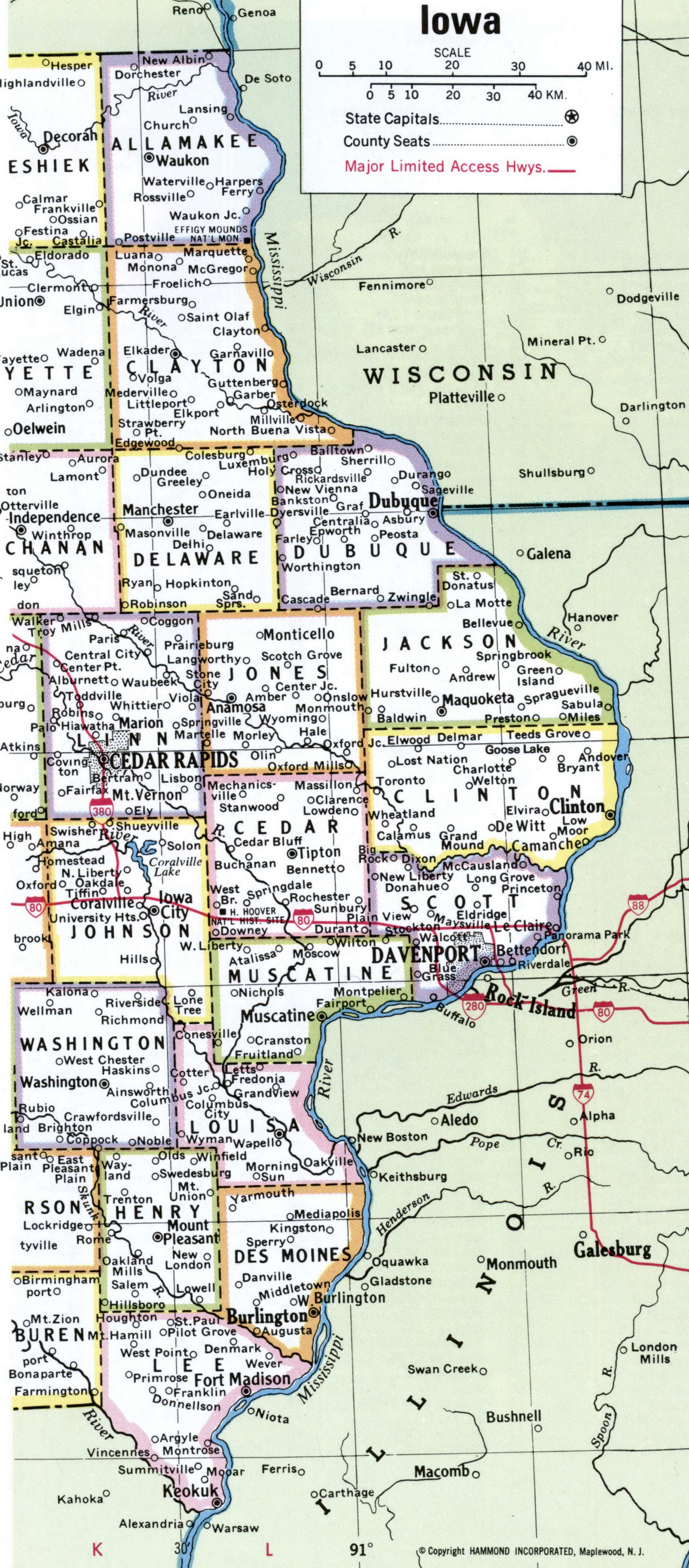 Counties Iowa map - eastern half 