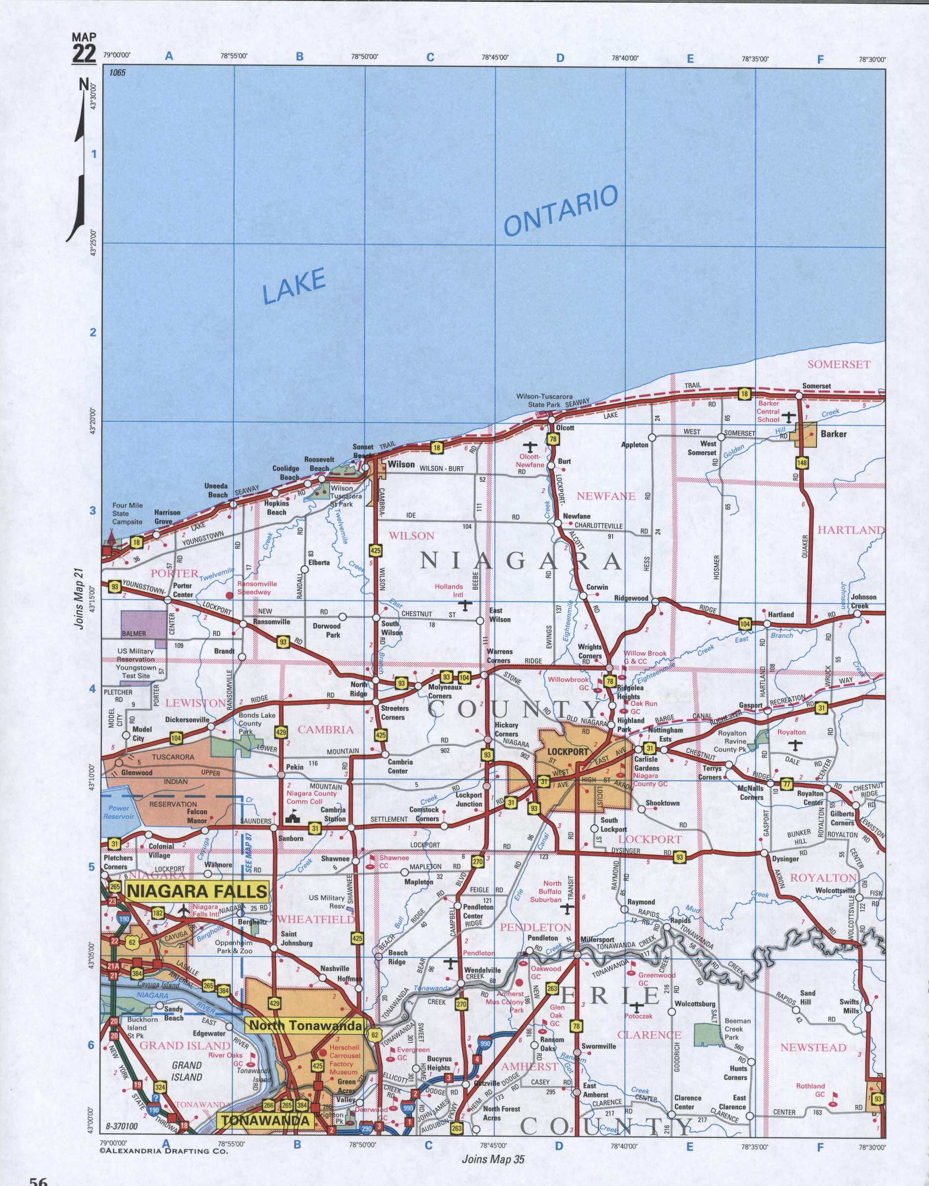 Map of Niagara County, New York state. Large map of county Niagara with cities and villages