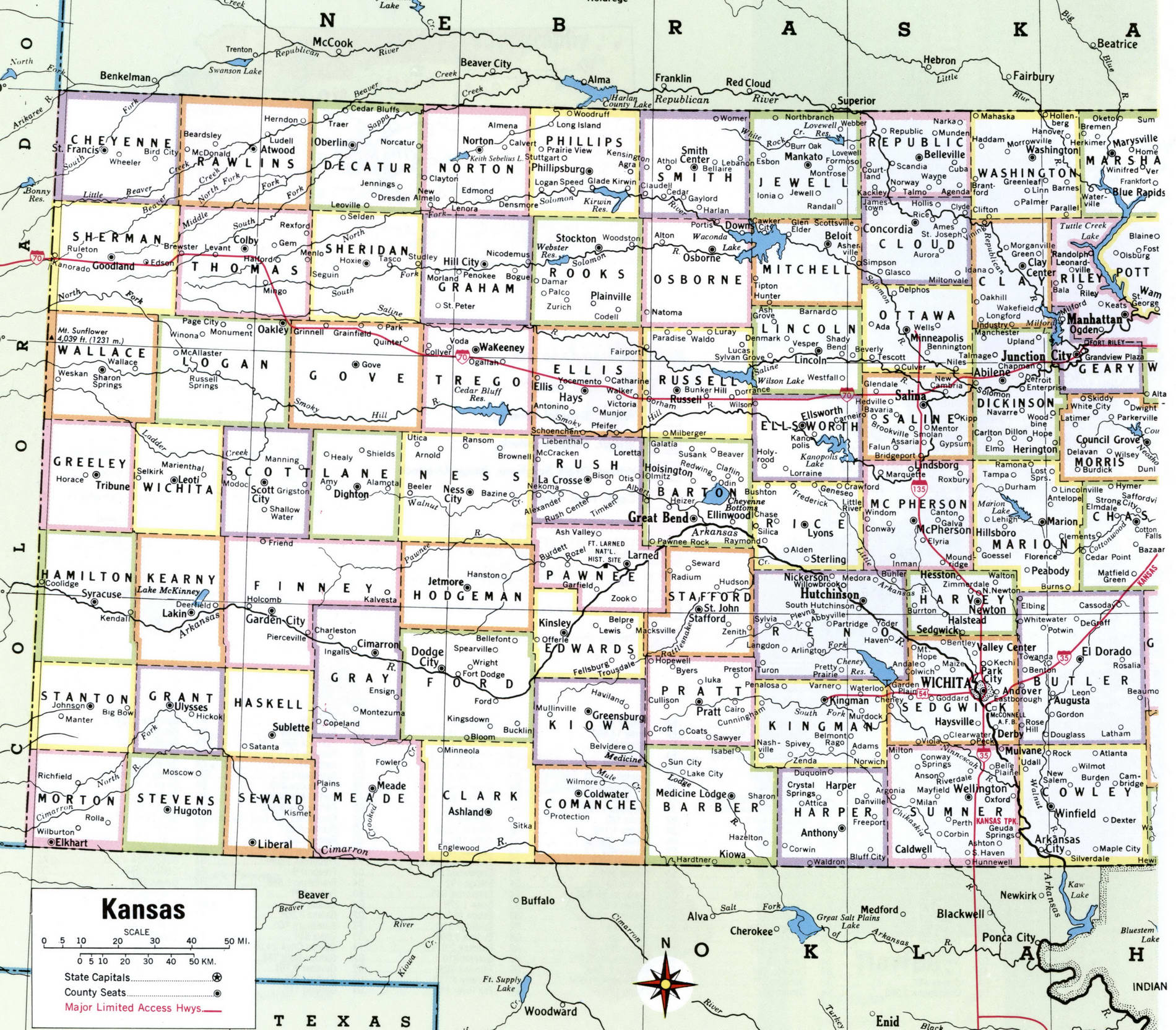 Map of Western Kansas counties. A detailed map of Western Kansas with county borders, cities, and towns.