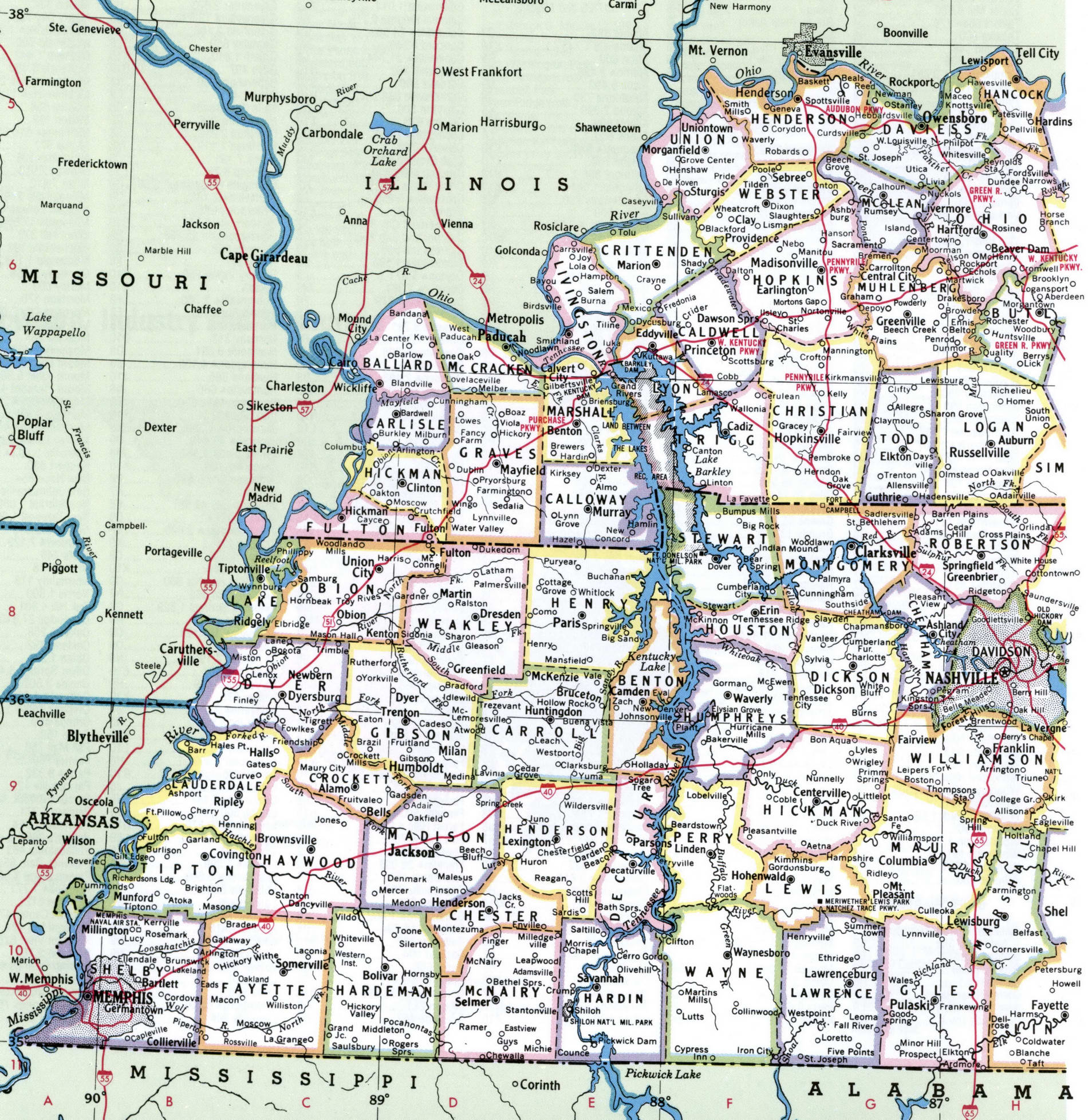 Map of Western Kentucky counties. A detailed map of Western Kentucky with county borders, cities, and towns.