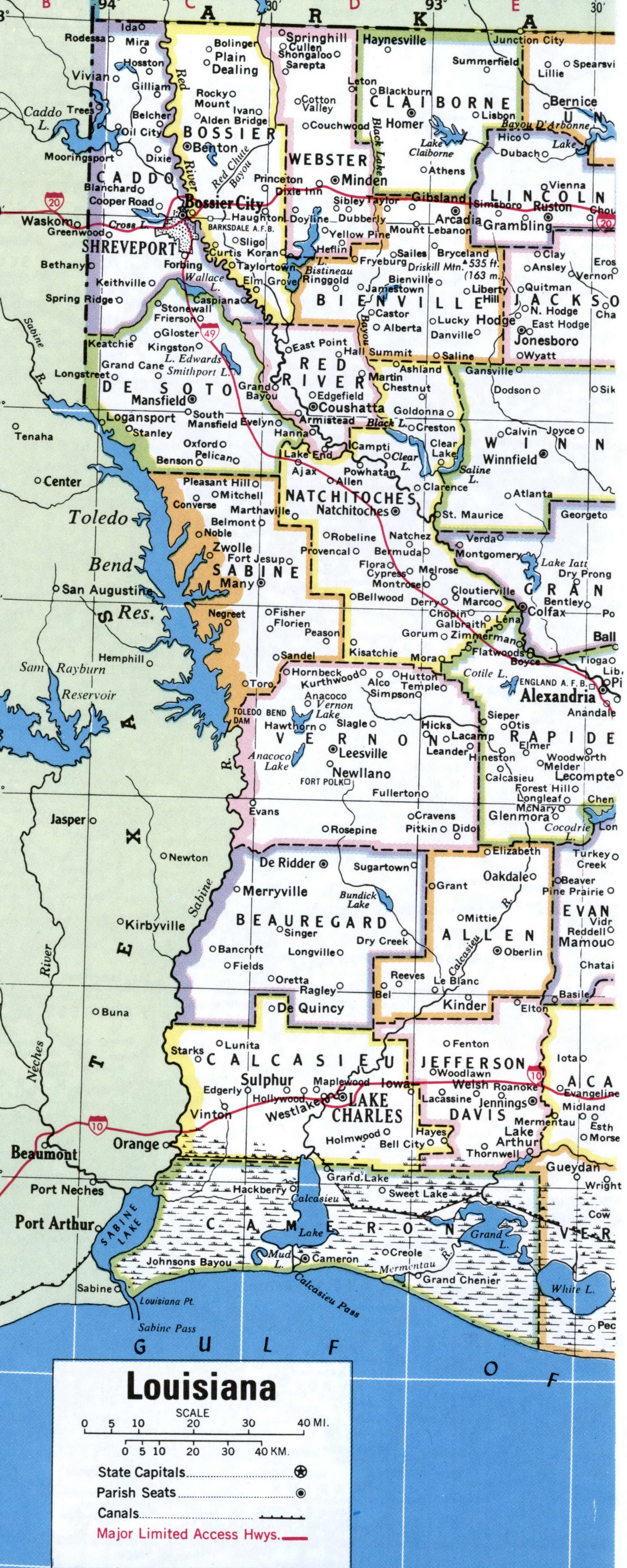 Map of Western Louisiana counties. A detailed map of Western Louisiana with county borders, cities, and towns.
