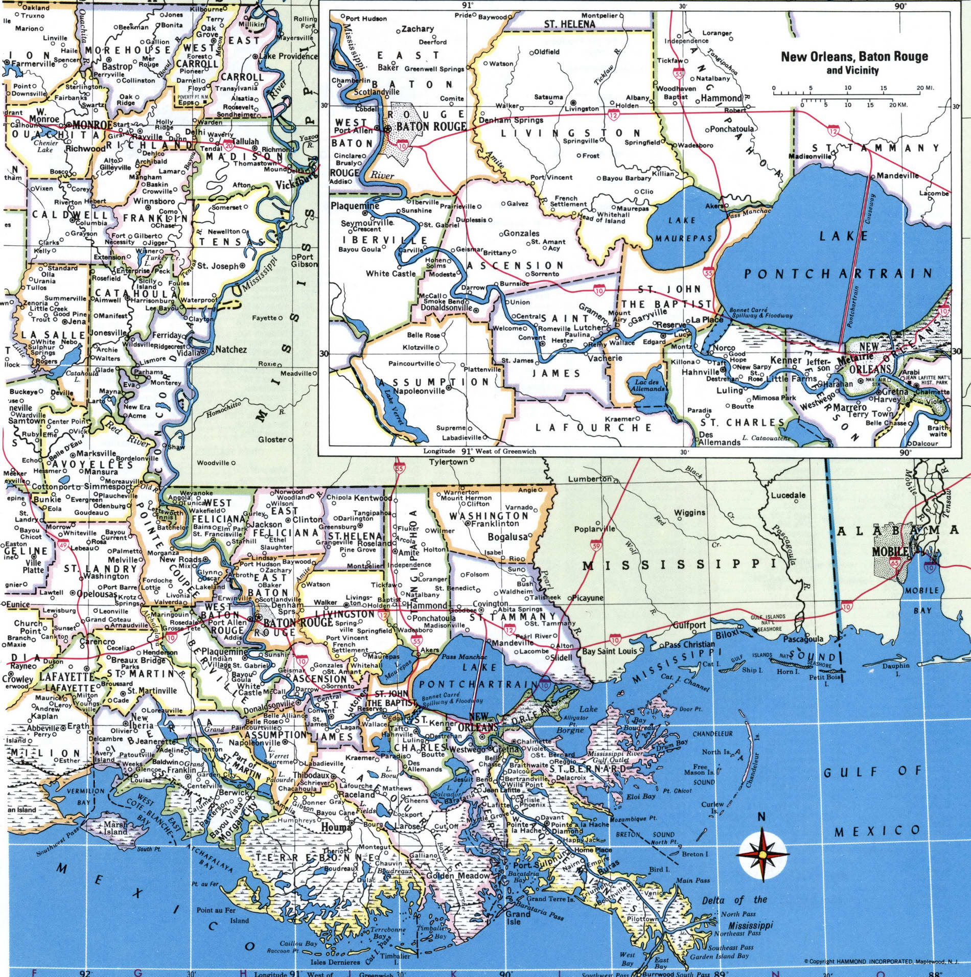 Map of Louisiana counties. A detailed map of Louisiana with county borders, cities, and towns.