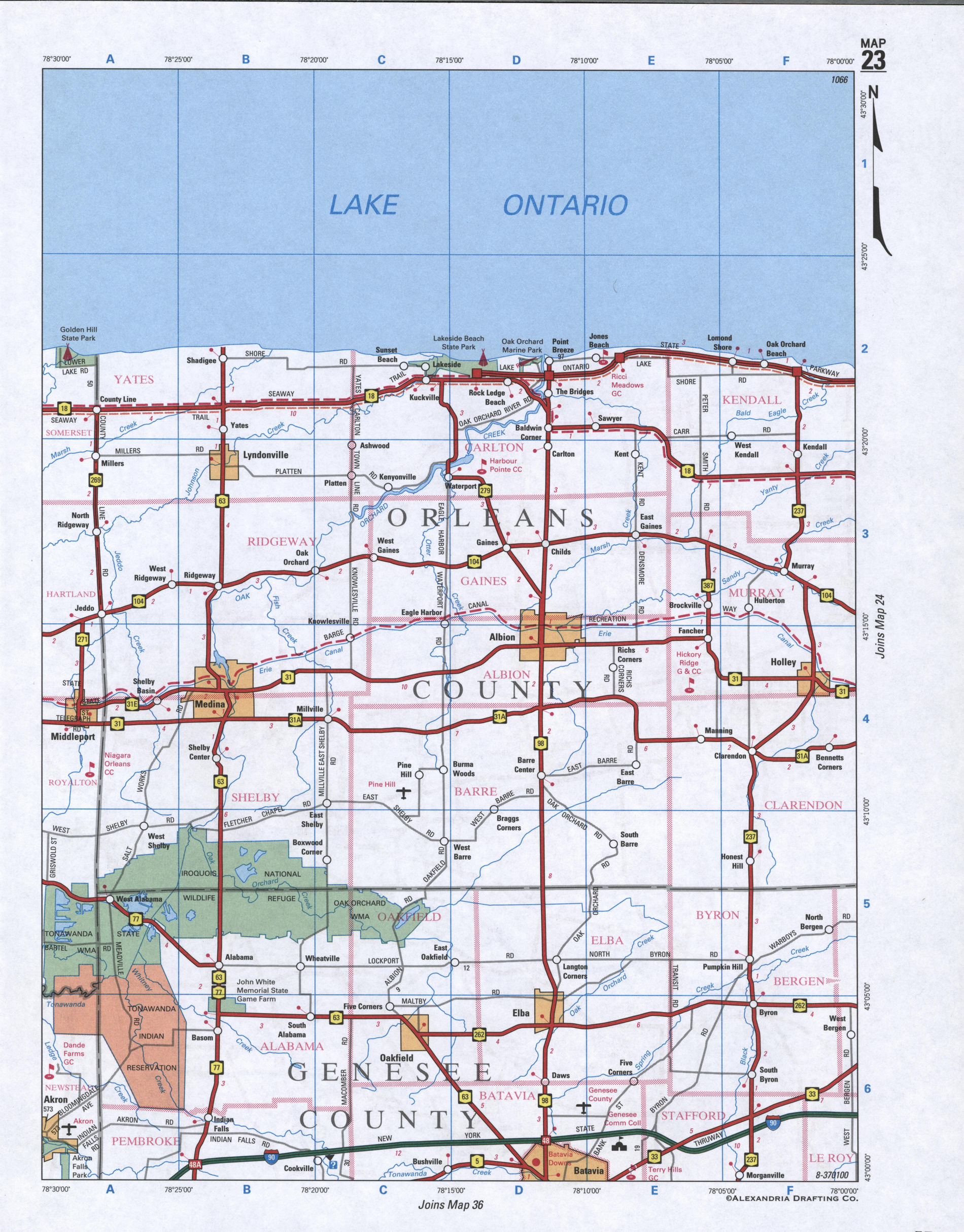 Map of Orleans County, New York state. Large map of county Orleans with cities and villages
