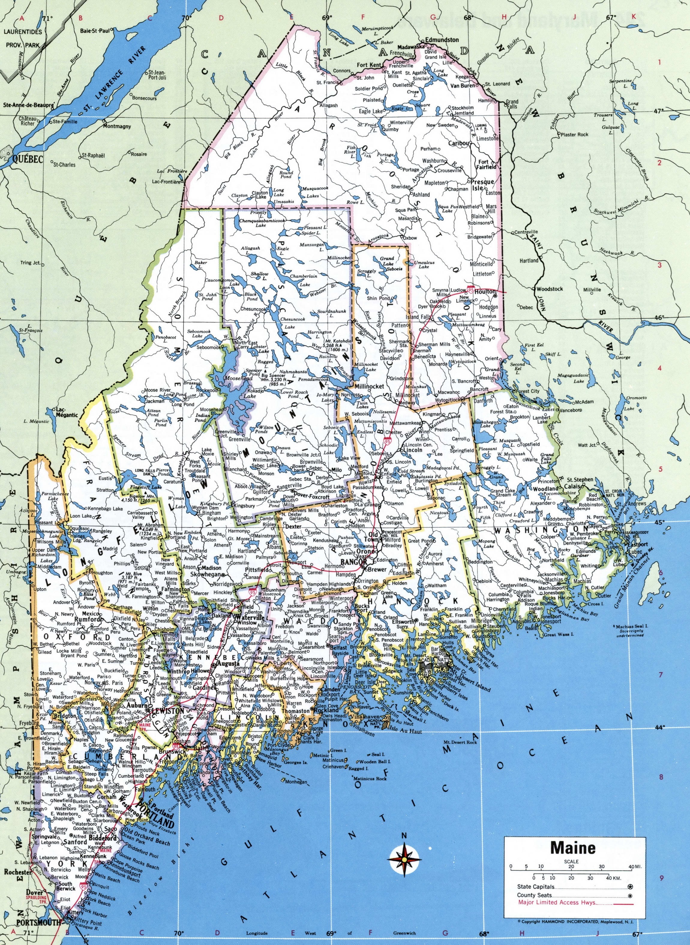 Map of Maine counties. A detailed map of Maine with county borders, cities, and towns.