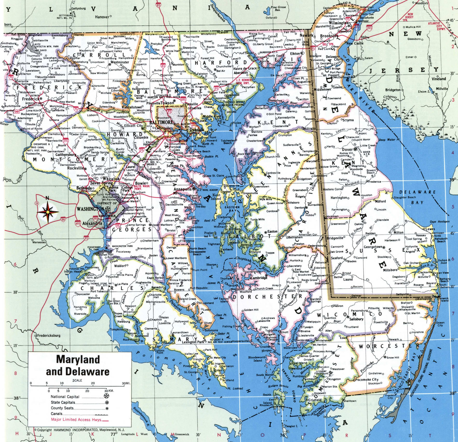 Map of Maryland counties. A detailed map of Maryland with county borders, roads, cities, and towns.