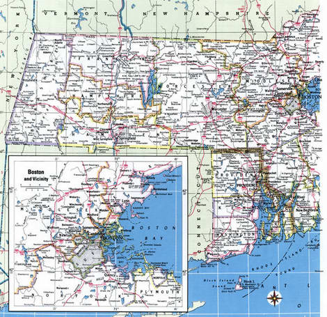 Counties of Massachusetts state - roads map