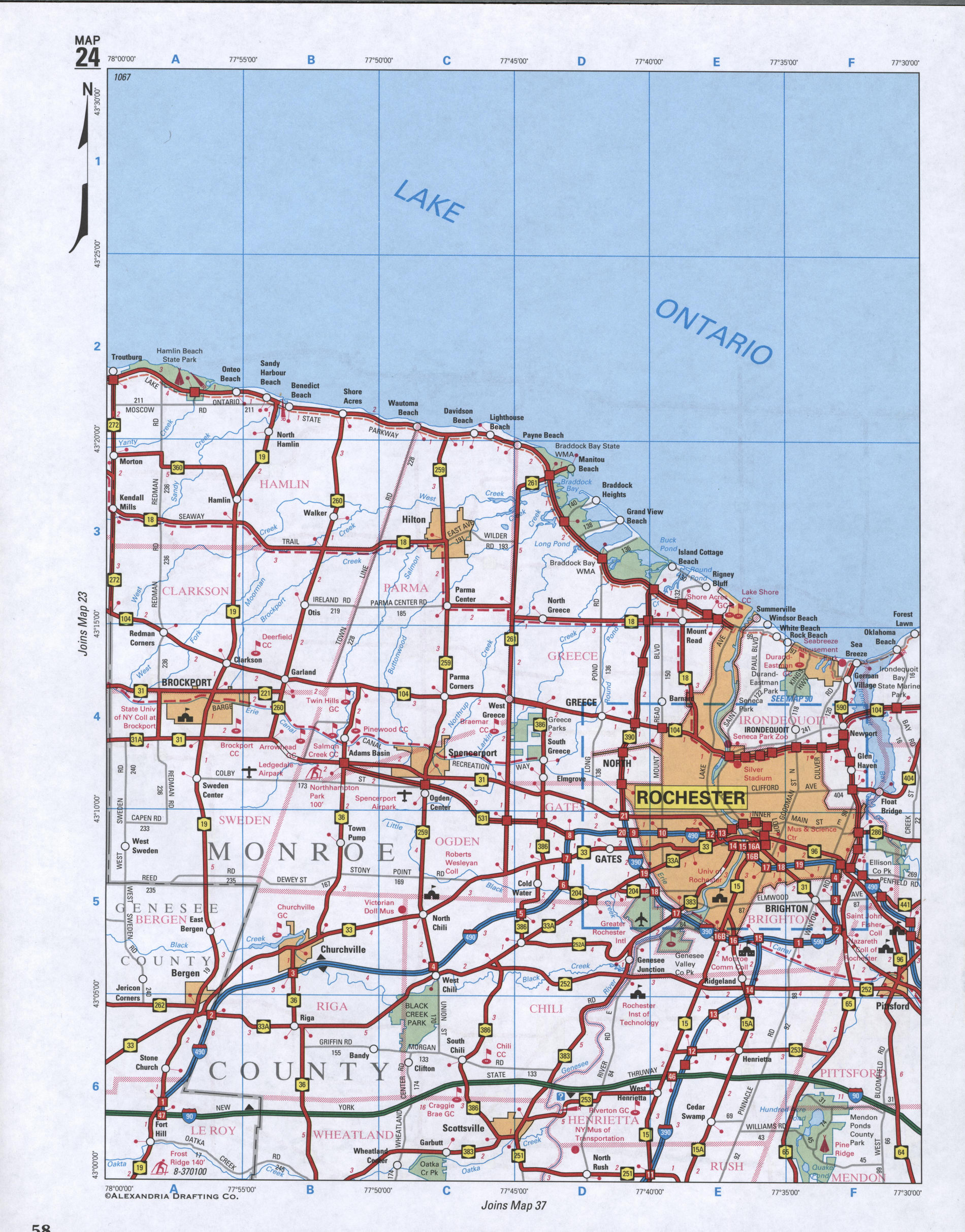 Map of Monroe County, New York state. Large map of county Monroe with cities and villages
