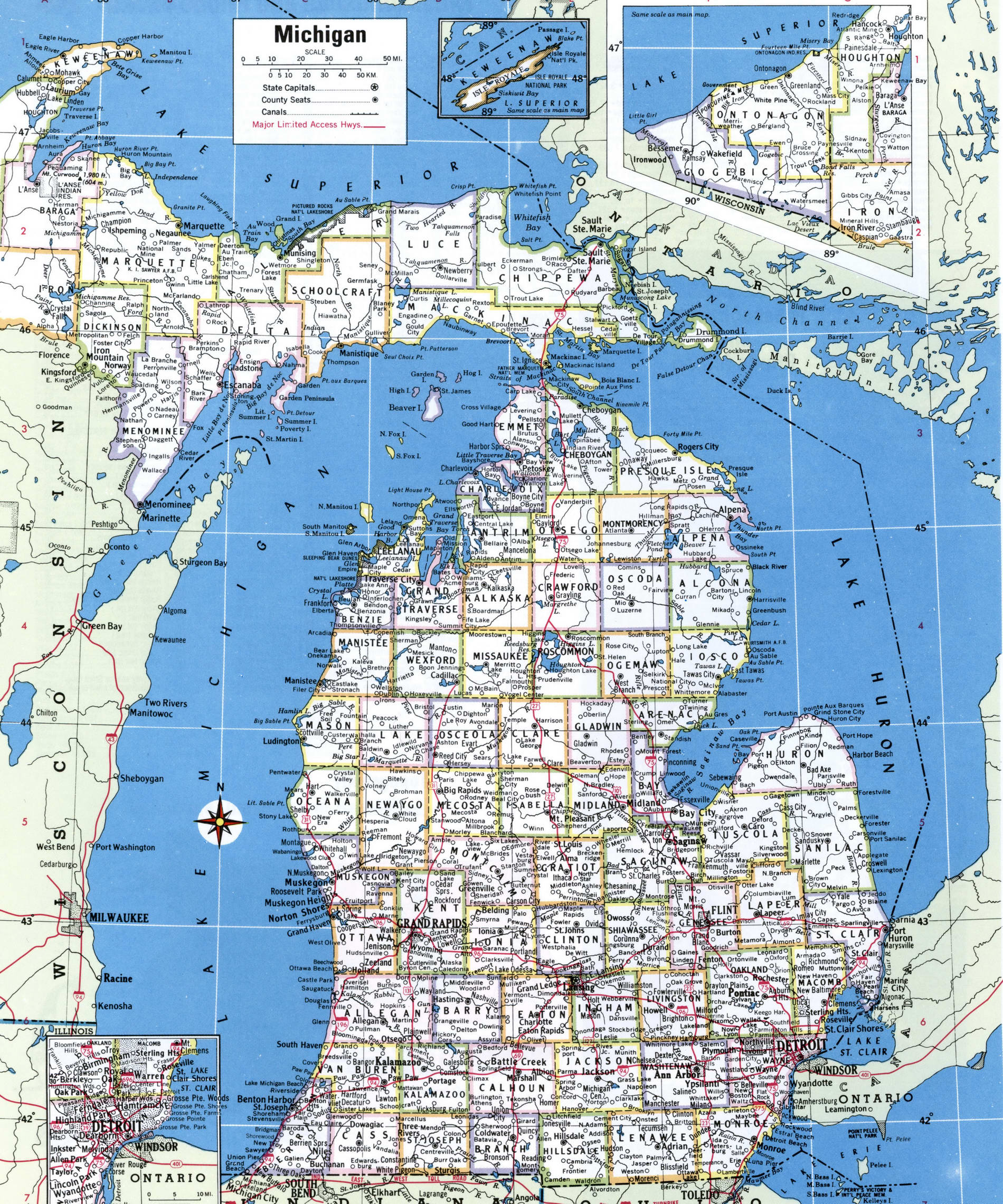 Map of Michigan counties. A detailed map of Michigan with county borders, roads, cities, and towns.