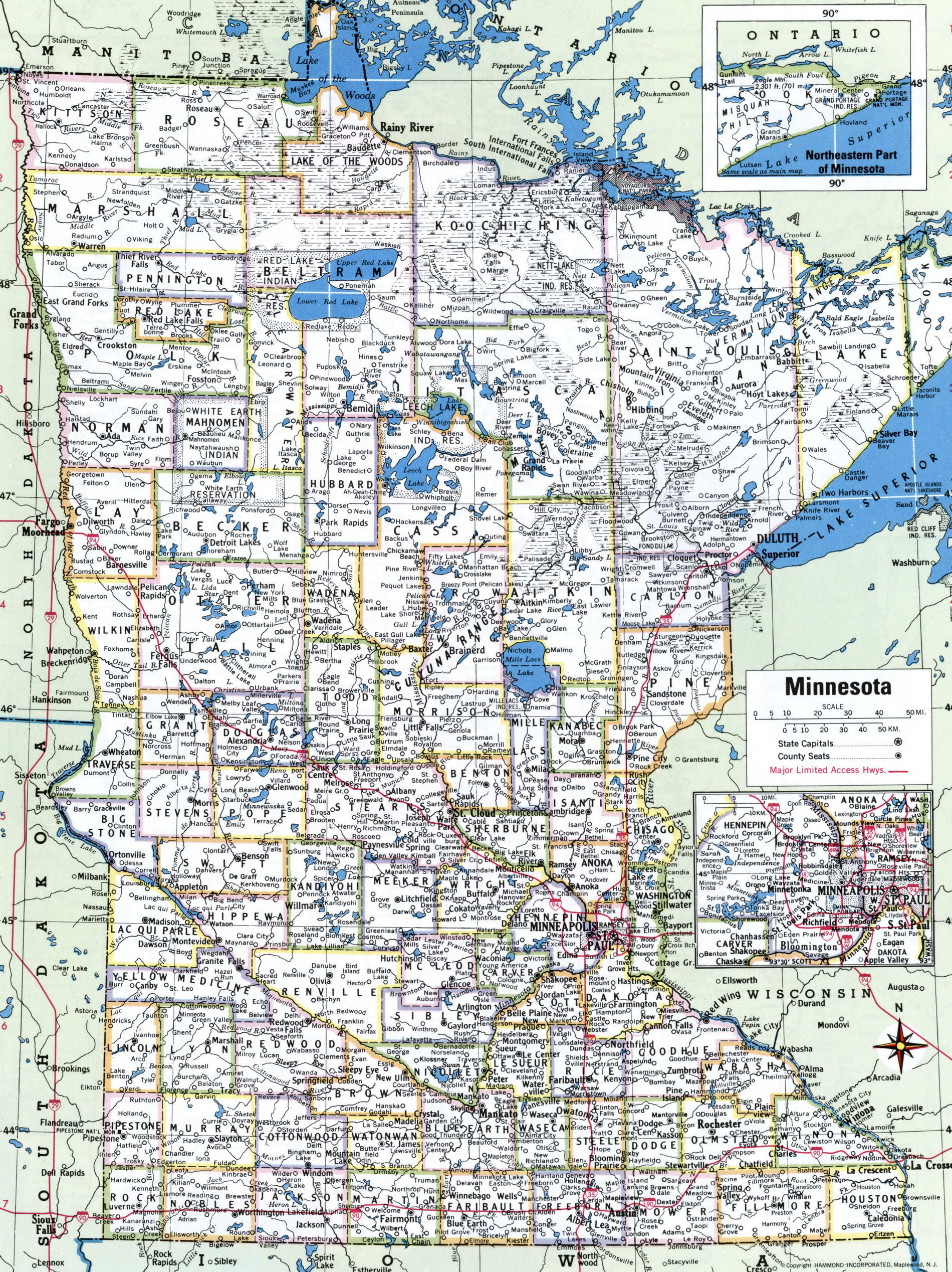 Map of Minnesota counties. A detailed map of Minnesota with county borders, cities, and towns.
