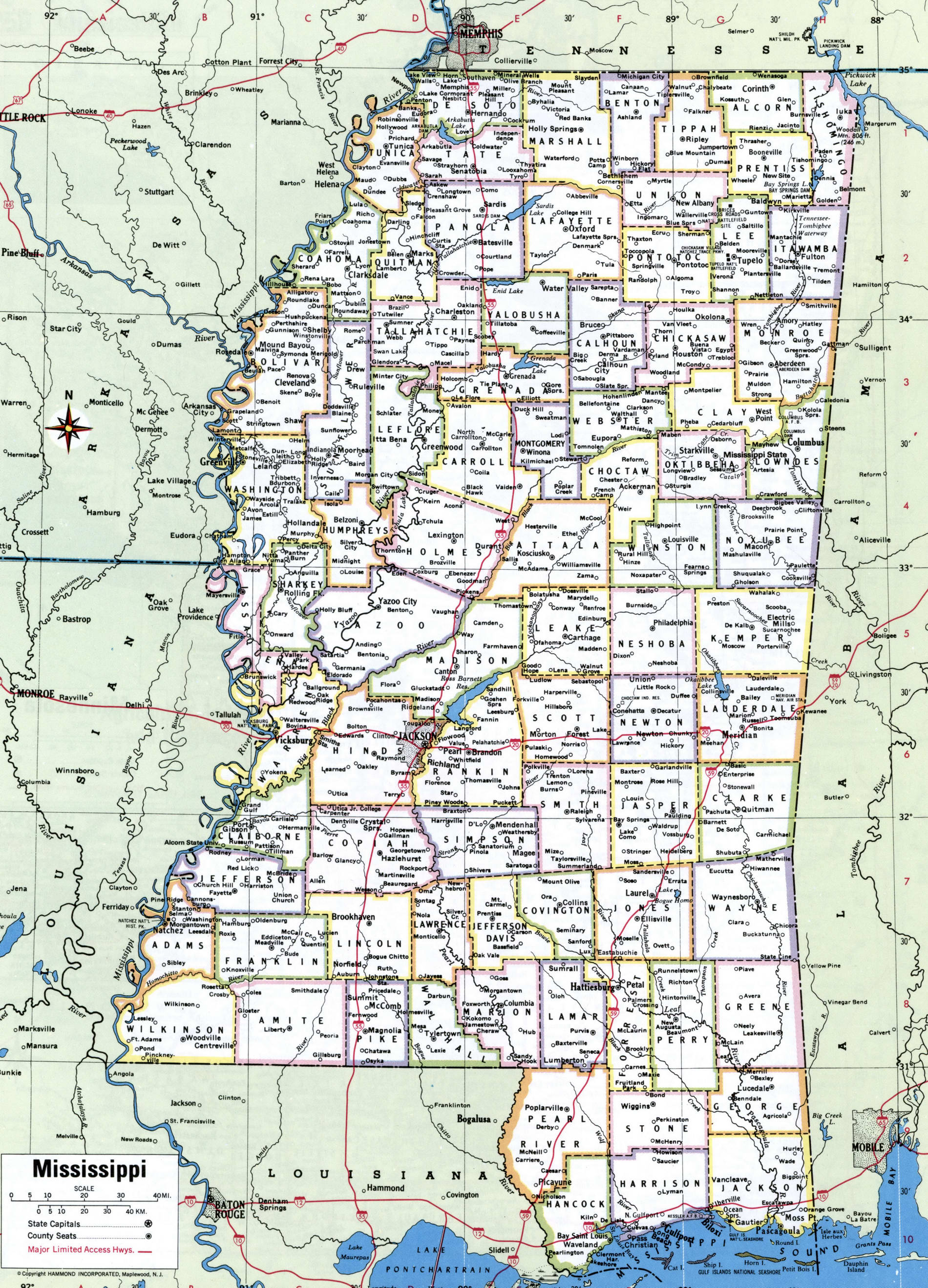Map of Mississippi counties. A detailed map of Mississippi with county borders, cities, and towns.