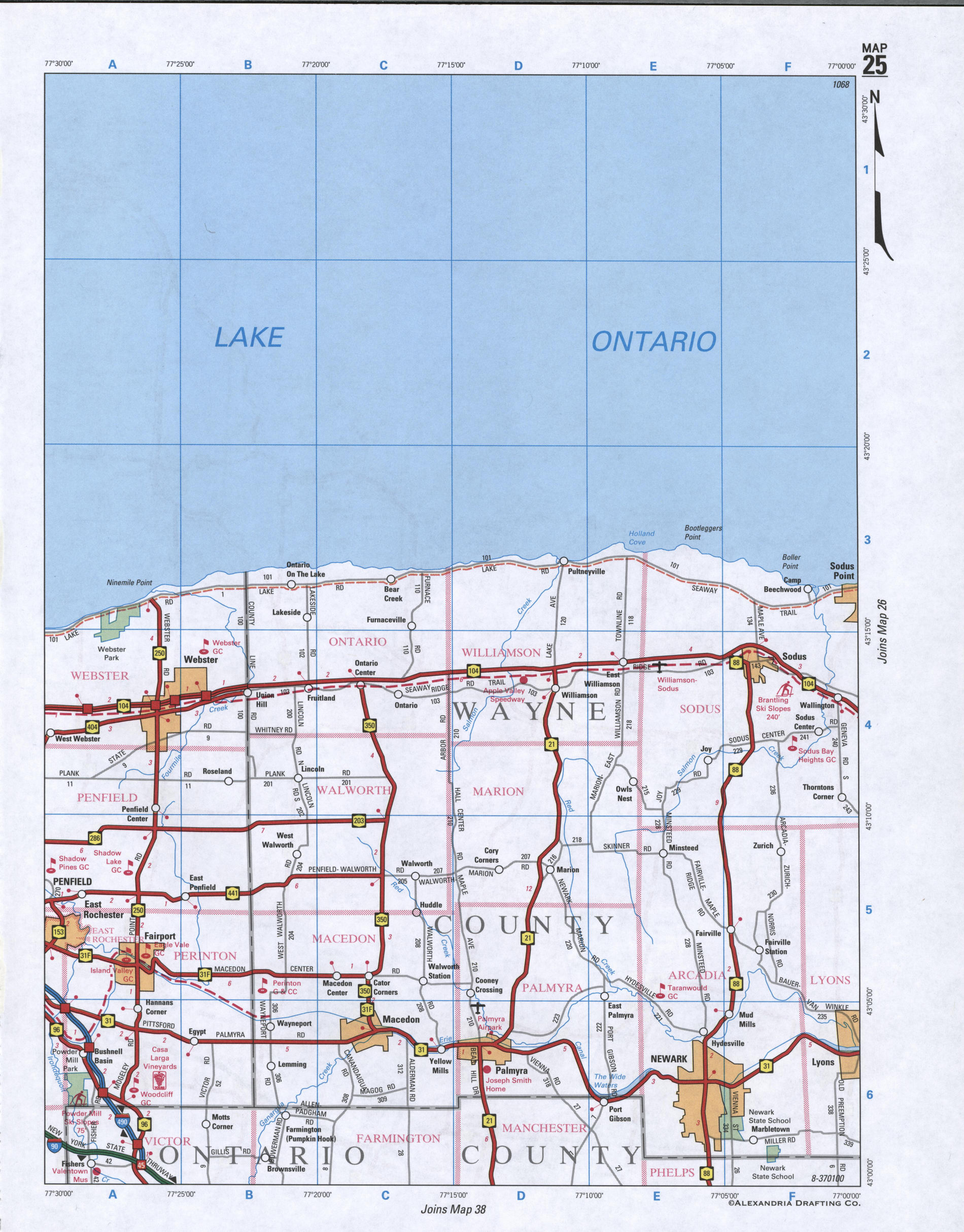 Map of Wayne County. Large map of county Wayne with cities and villages