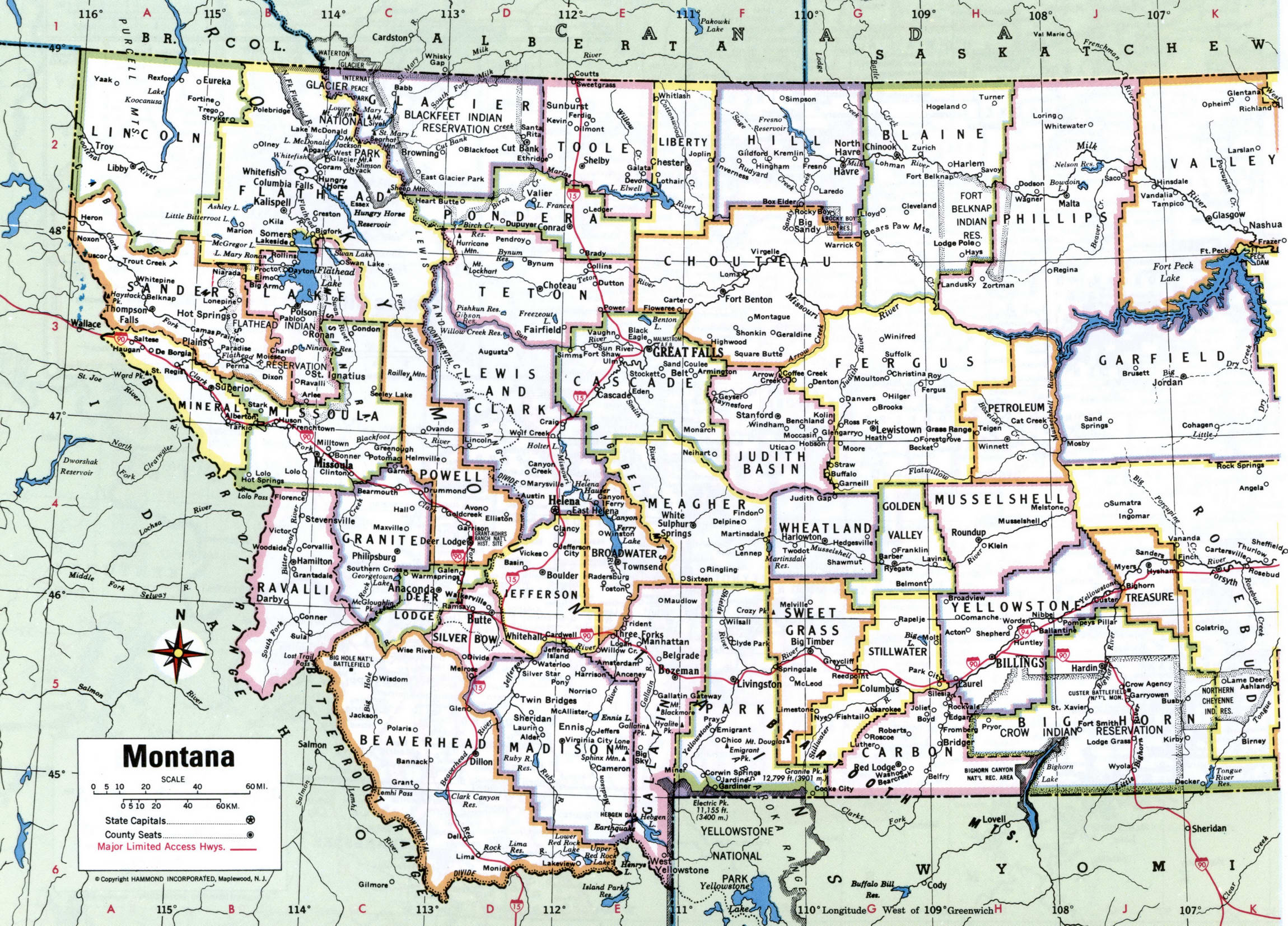 Map of Montana counties. A detailed map of Montana with county borders, cities, and towns.