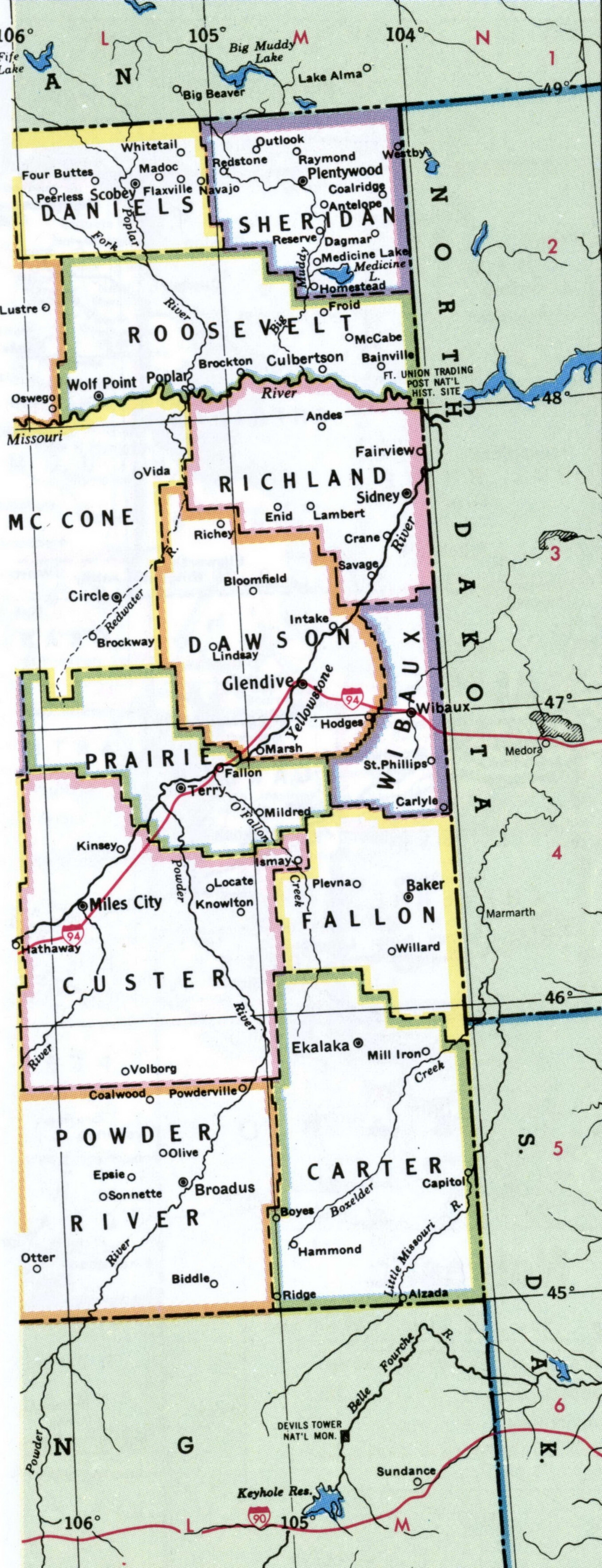 Map of Montana counties. A detailed map of Montana with county borders, cities, and towns.