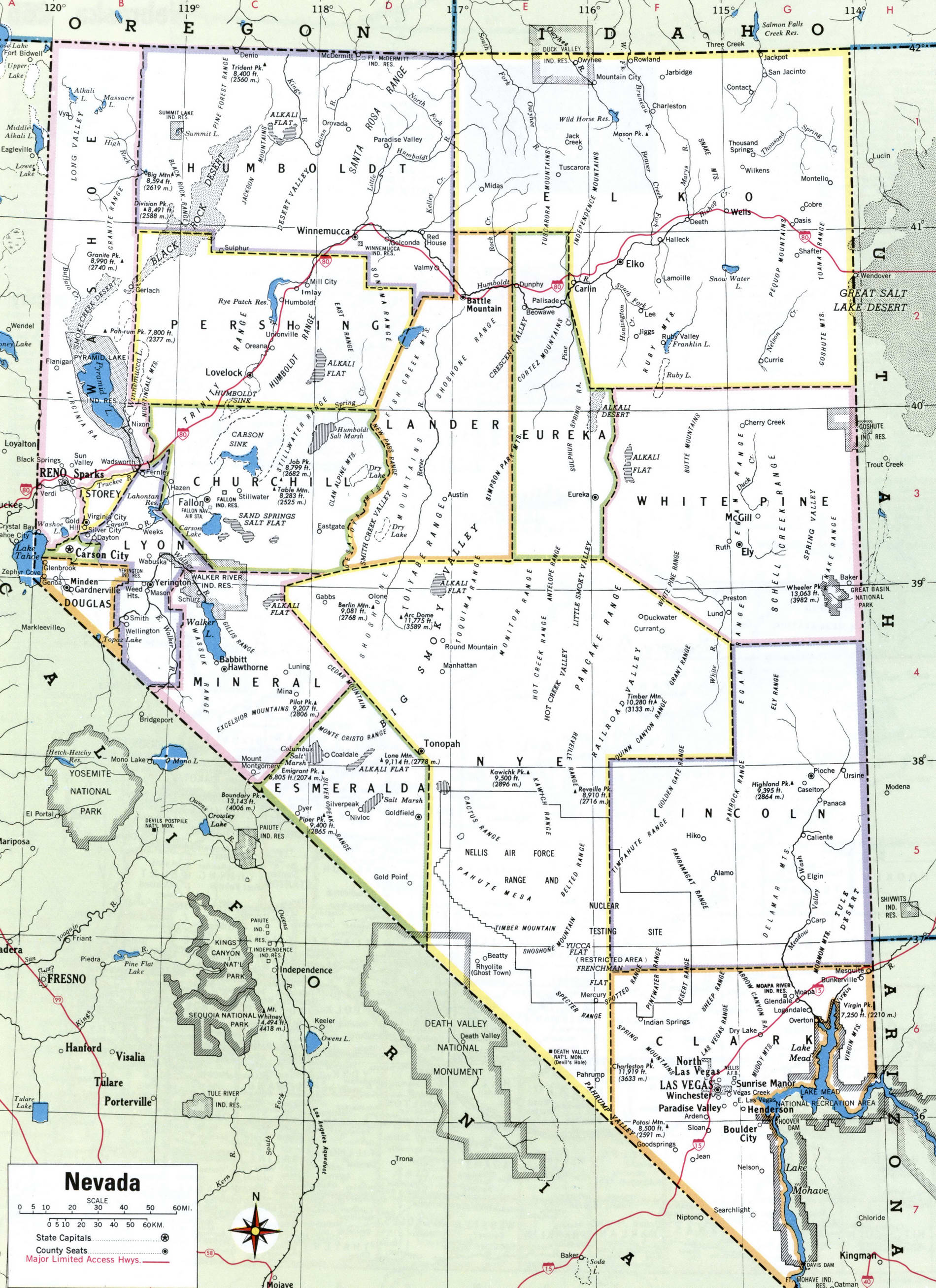 Map of Nevada counties. A detailed map of Nevada with county borders, cities, and towns.