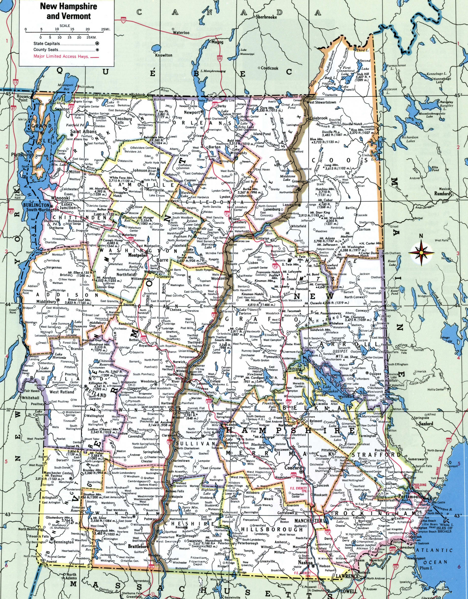 Map of New Hampshire counties. A detailed map of New Hampshire with county borders, cities, and towns.