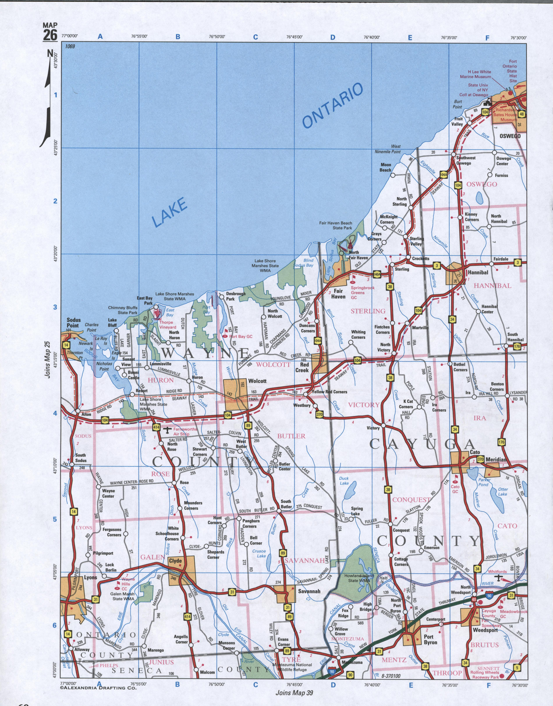 Map of Wayne County. Large map of county Wayne with cities and villages