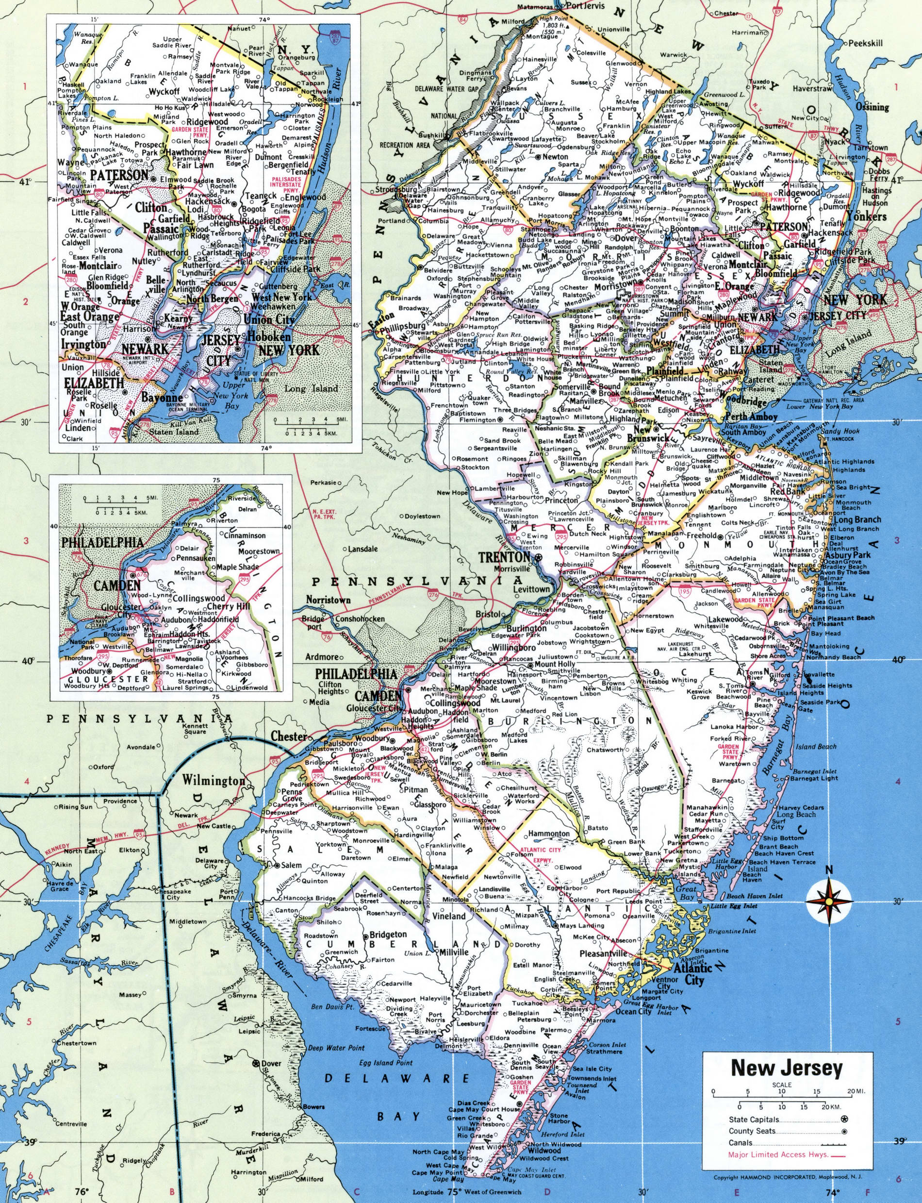 Map of New Jersey counties. A detailed map of New Jersey with county borders, cities, and towns.