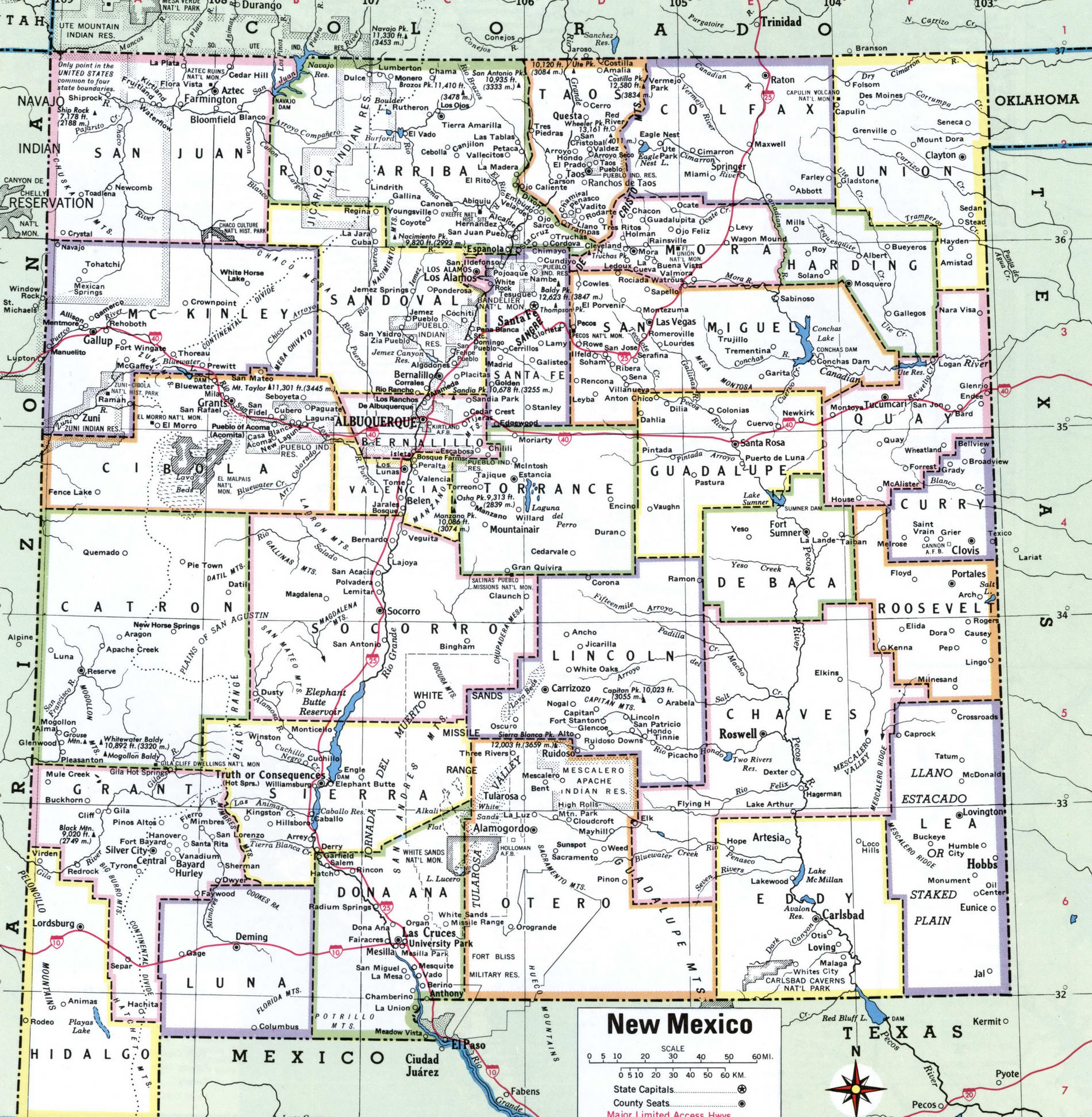 Map of New Mexico counties. A detailed map of New Mexico with county borders, cities, and towns.