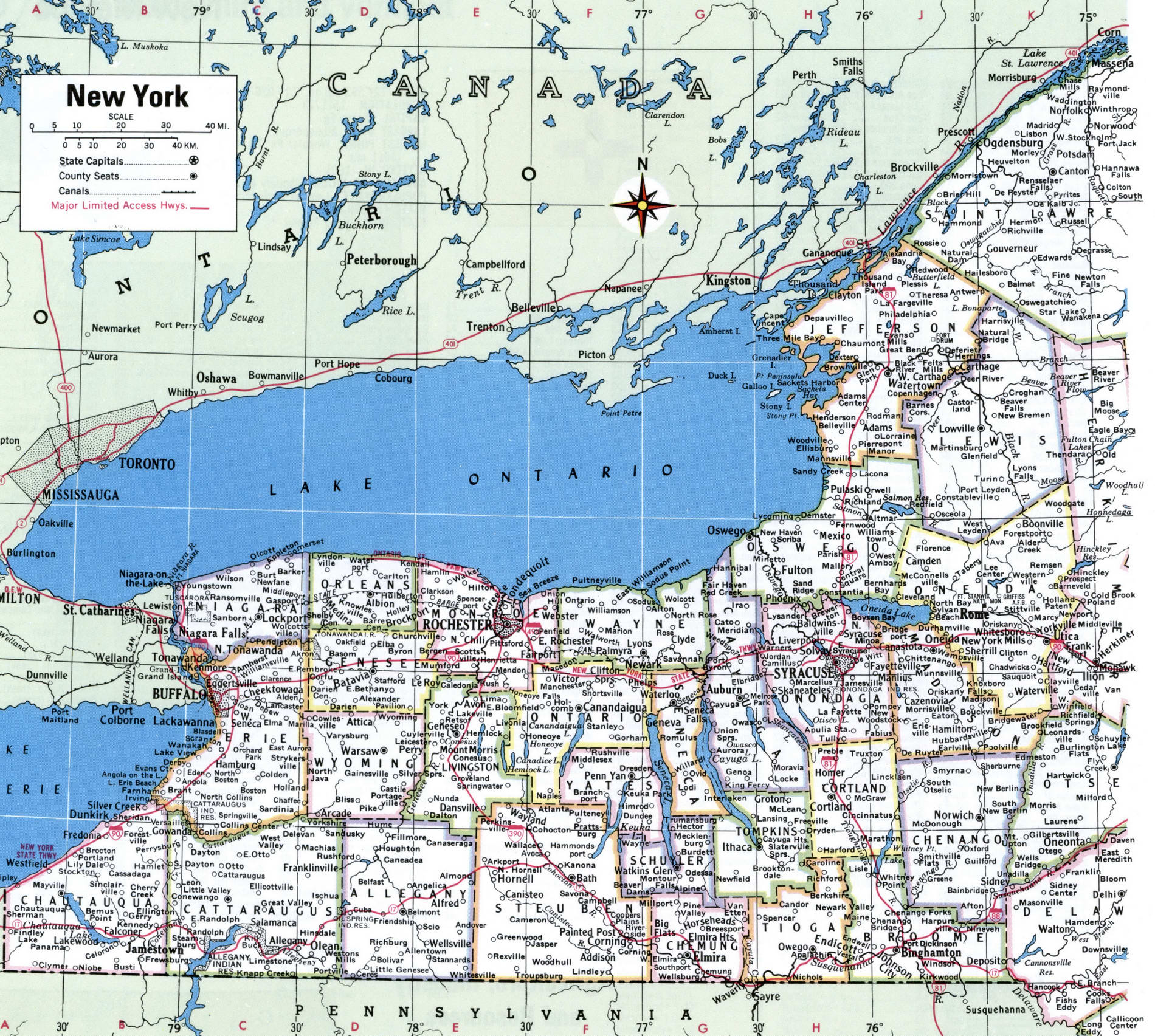 Map of west New York counties. A detailed map of west New York with county borders, cities, and towns.