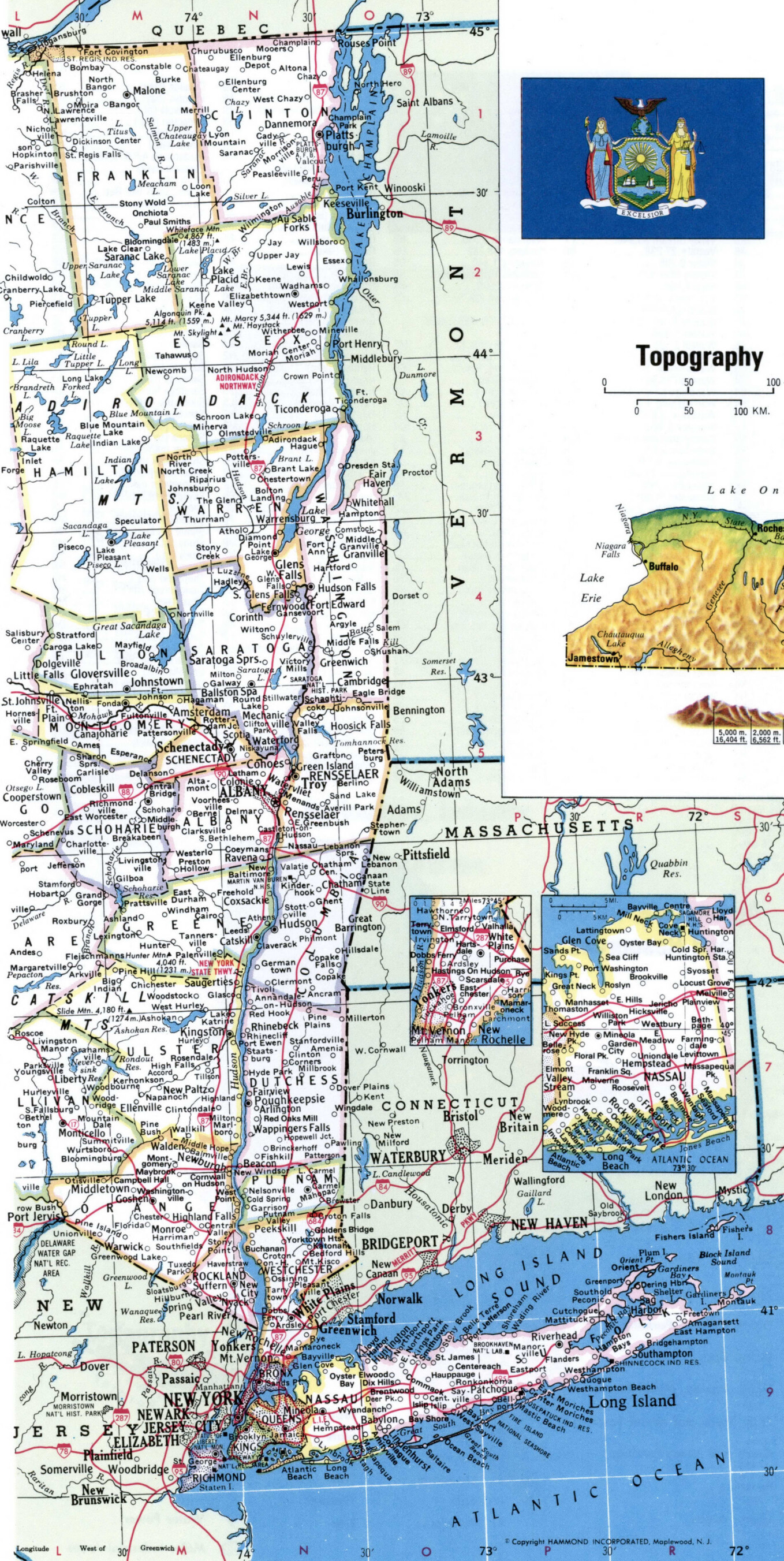 Map of New York counties. A detailed map of New York with county borders, cities, and towns.