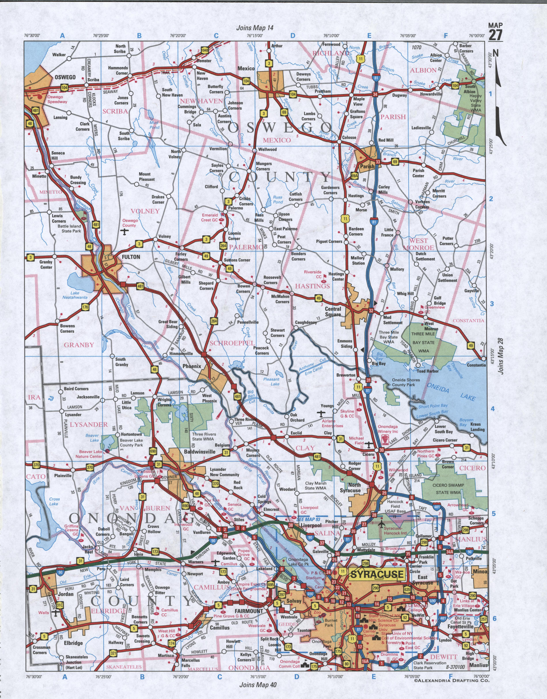 Oswego county map. Large map of county Oswego with cities and villages