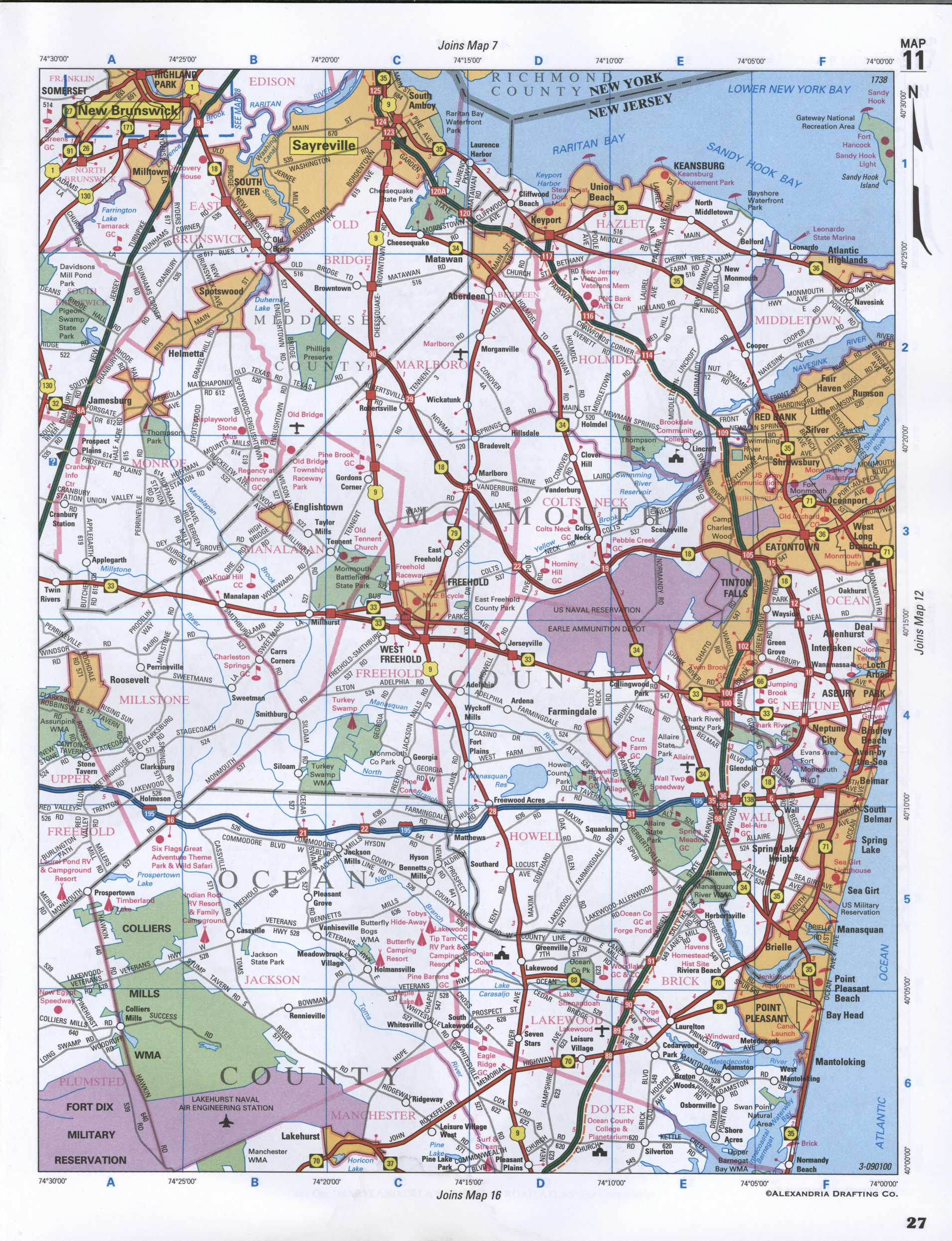 Map of Ocean County, New Jersey state. Large map of county Ocean with cities and villages