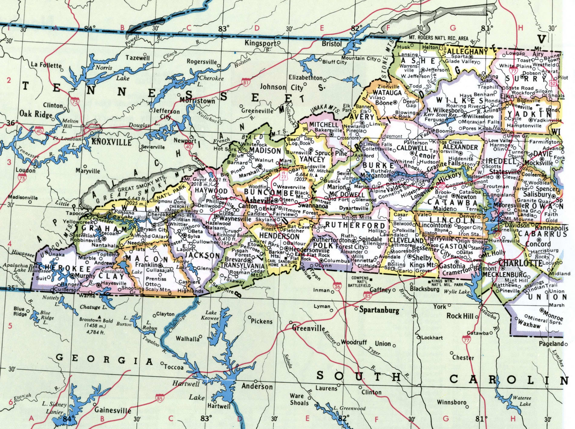 Map of west North Carolina counties. A detailed map of west North Carolina with county borders, cities, and towns.