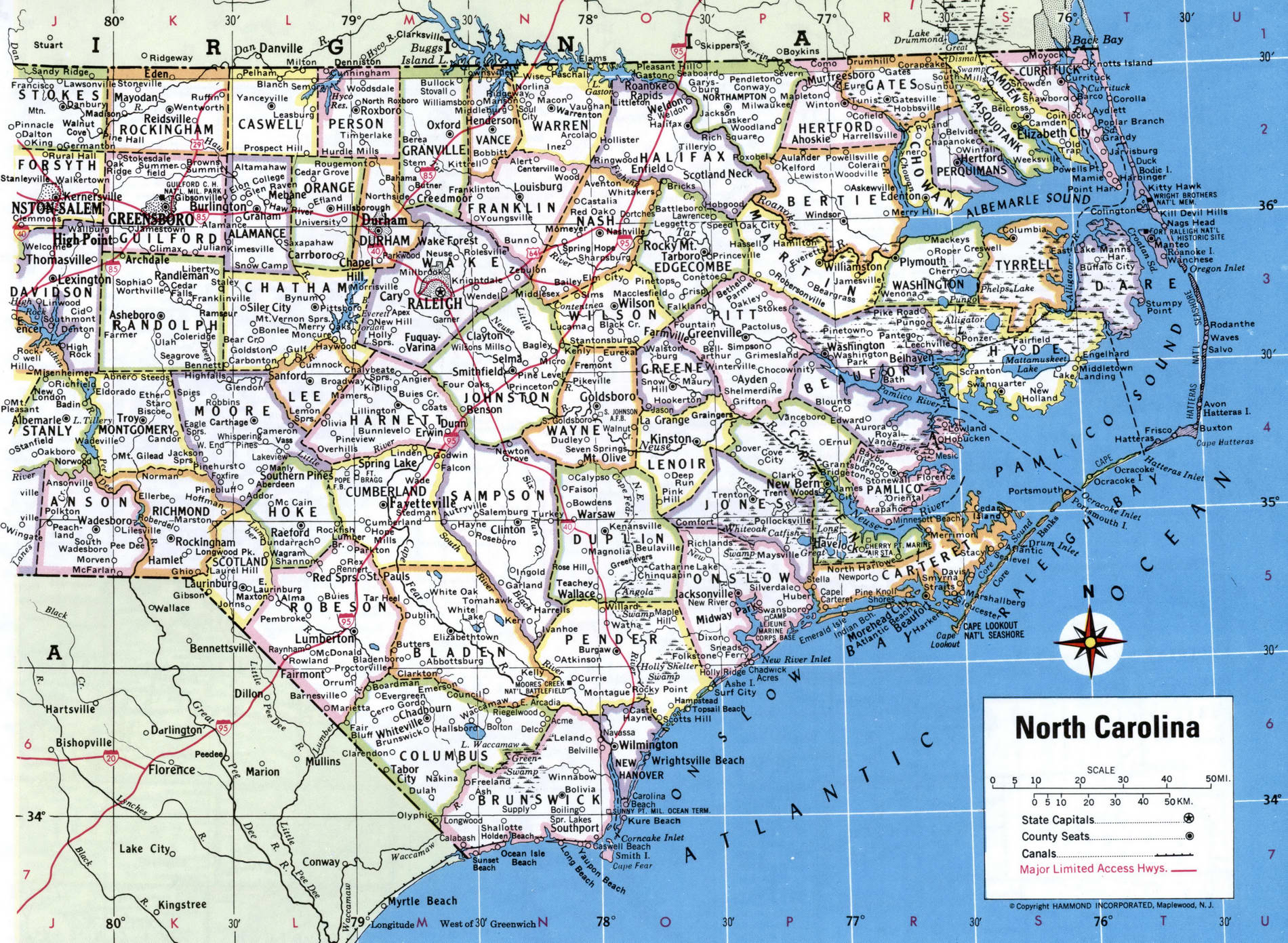 Map of east North Carolina counties. A detailed map of east North Carolina with county borders, cities, and towns.